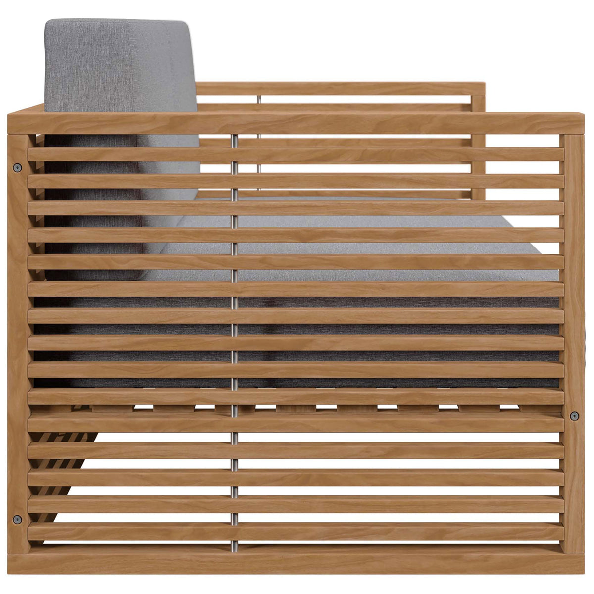 Side profile of the teak patio loveseat highlighting the layered slat design and plush gray seat cushions. || EEI-5605-NAT-GRY || side_studio