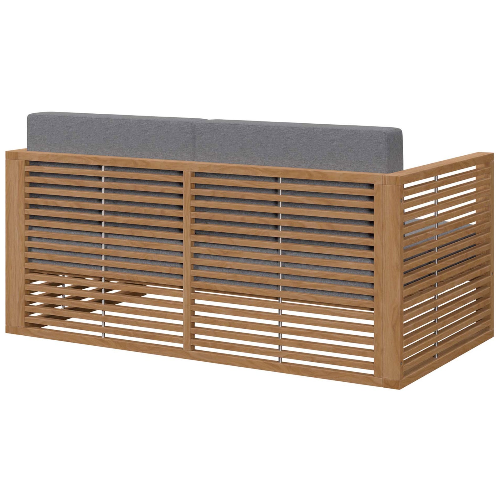 Back view of the teak loveseat featuring full-length horizontal slats and supportive gray back cushions. || EEI-5605-NAT-GRY || back_angle_studio
