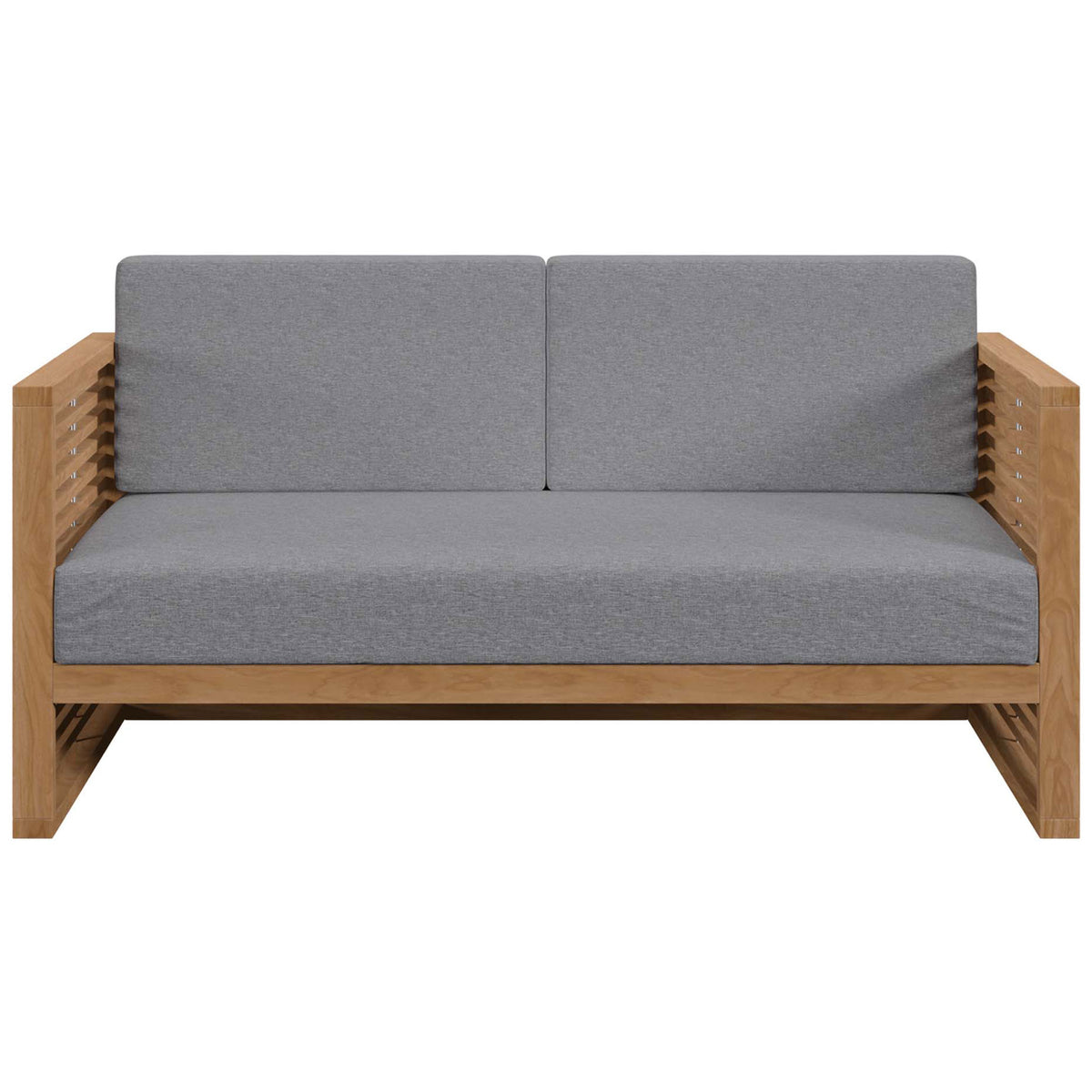 Teak outdoor loveseat with gray Sunproof cushions and bold horizontal slatted arms. || EEI-5605-NAT-GRY || front_studio