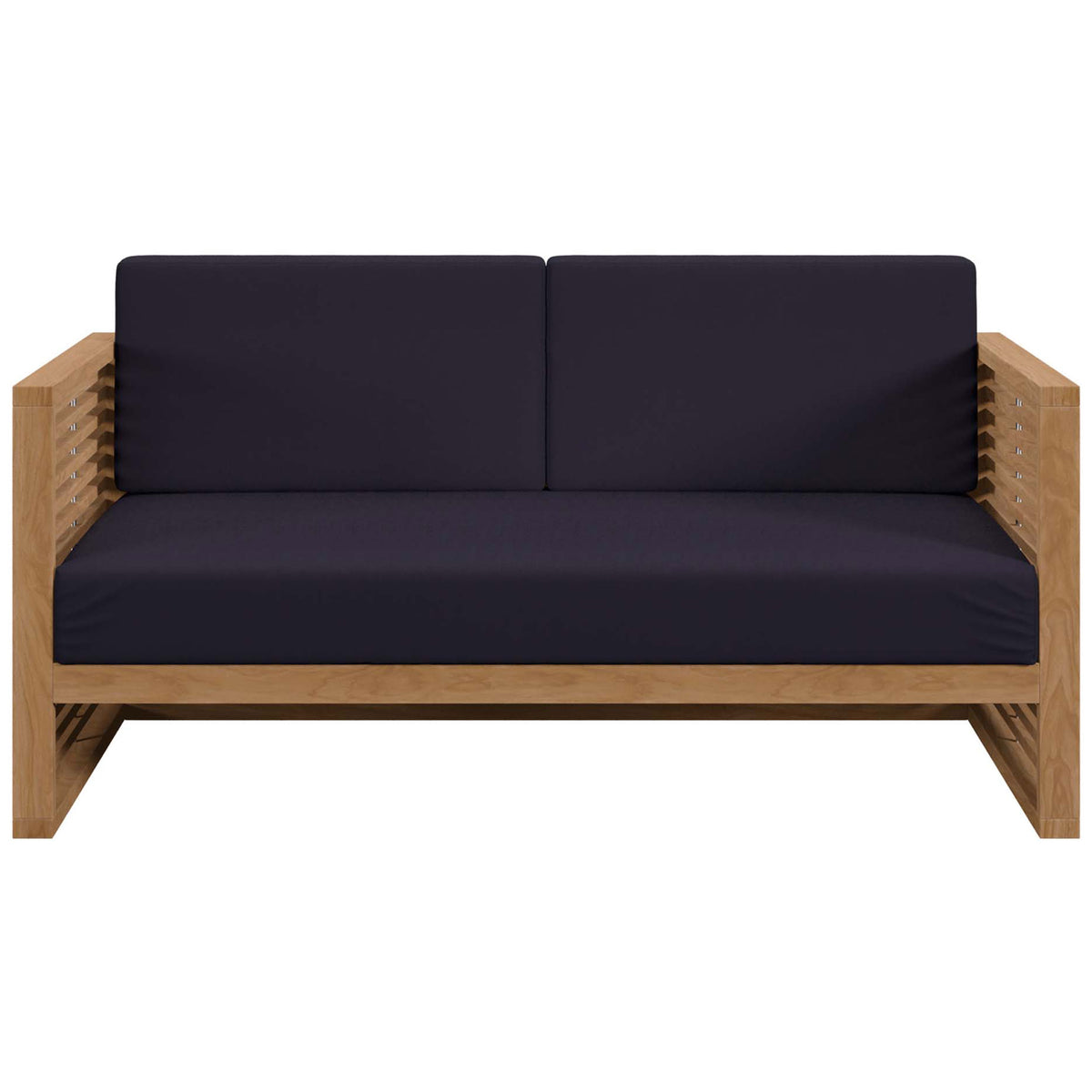 Teak outdoor loveseat with navy Sunproof cushions and clean-lined slatted arms for modern patios. || EEI-5605-NAT-NAV || front_studio