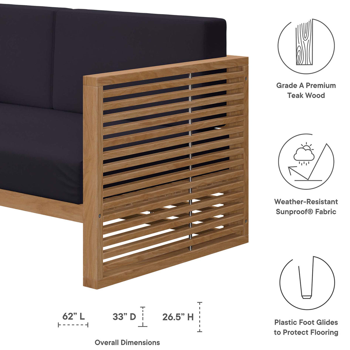 Feature graphic showing teak loveseat side panel, overall dimensions, and icons for premium wood and fabric. || EEI-5605-NAT-NAV || dimension_studio