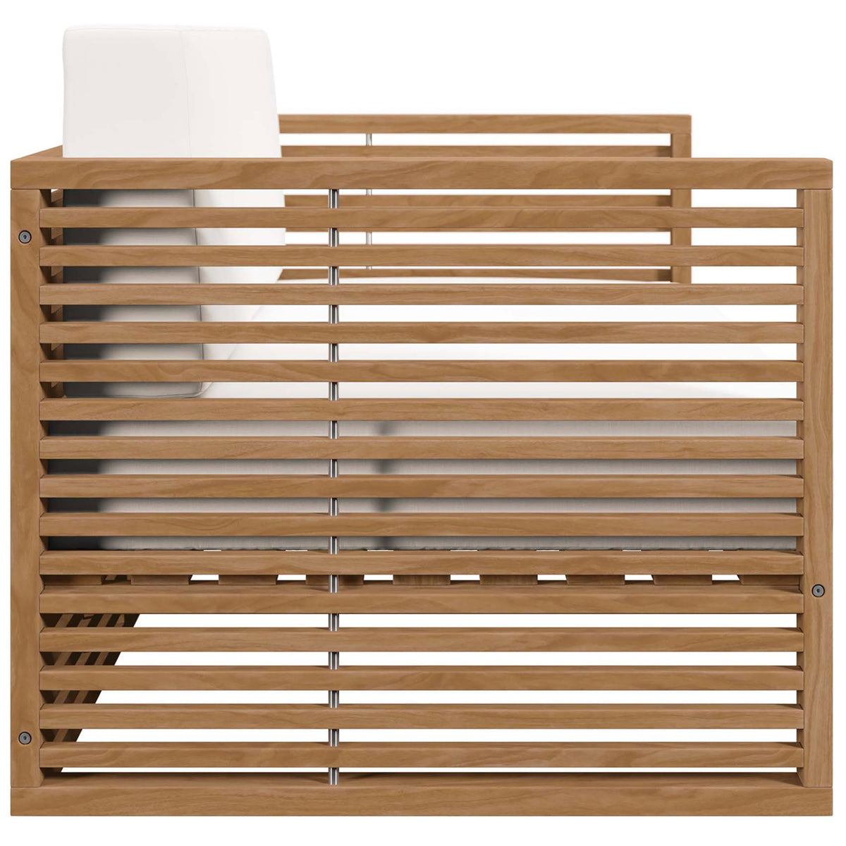 Side view of the teak patio loveseat highlighting the layered slat construction and thick white cushions. || EEI-5605-NAT-WHI || side_studio