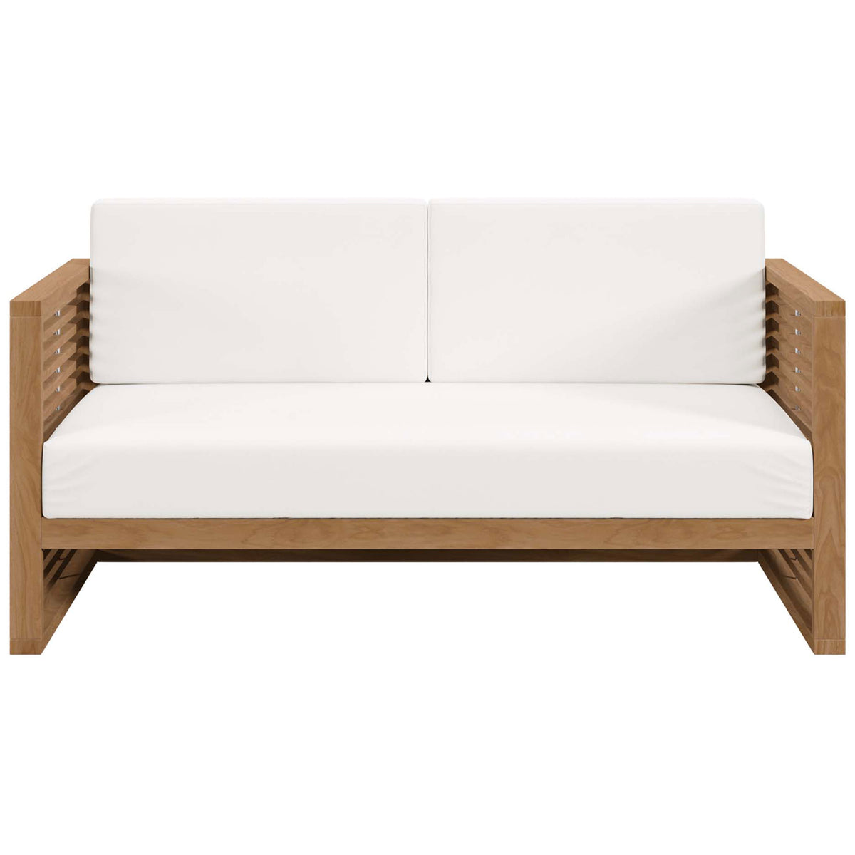 Teak outdoor loveseat with white Sunproof cushions and striking horizontal slatted arms. || EEI-5605-NAT-WHI || front_studio