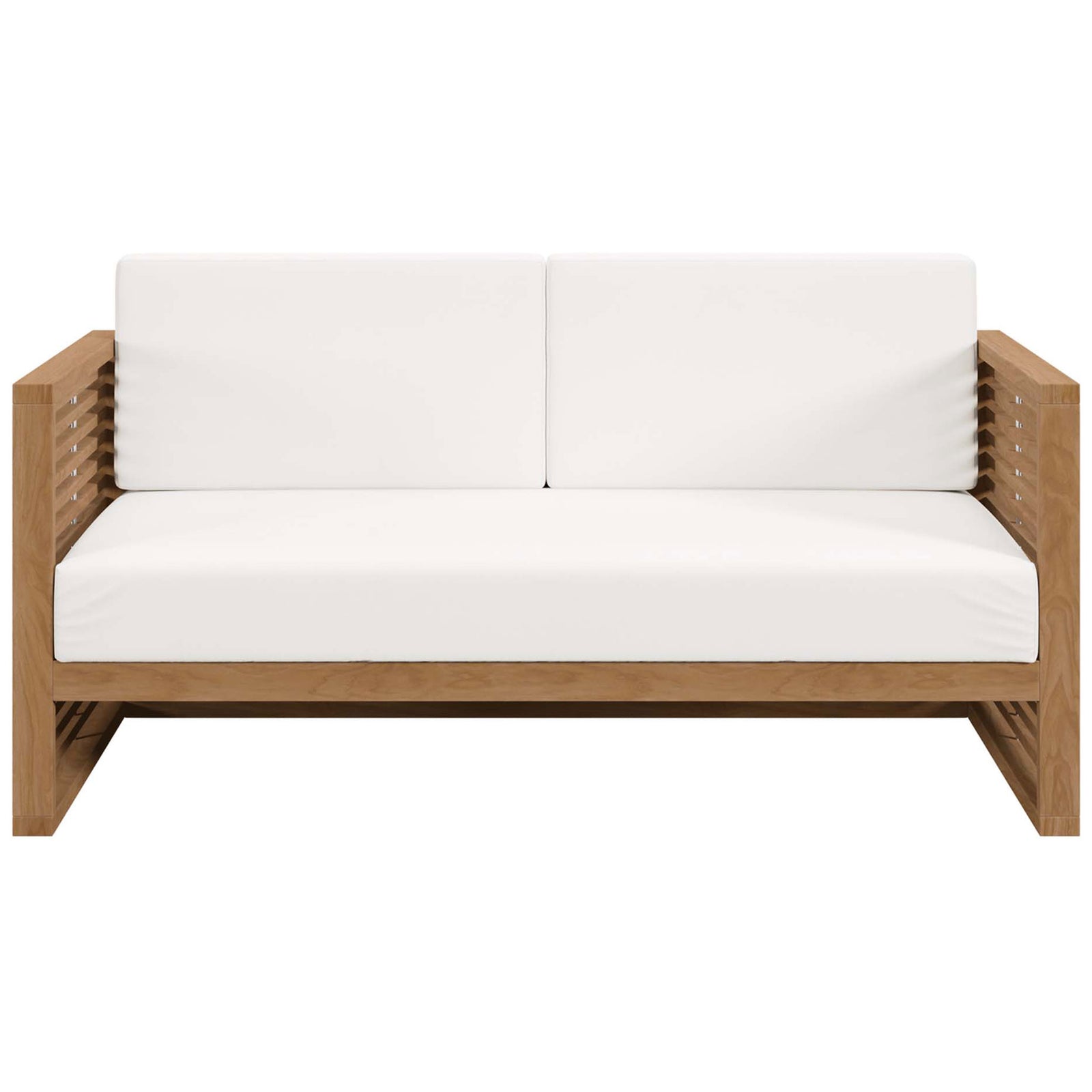 Teak outdoor loveseat with white Sunproof cushions and striking horizontal slatted arms. || EEI-5605-NAT-WHI || front_studio