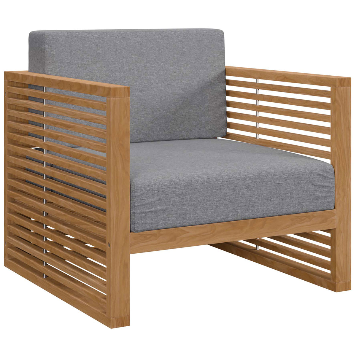Contemporary teak patio armchair featuring gray box cushions and open slatted sides. || EEI-5606-NAT-GRY || front_angle_studio