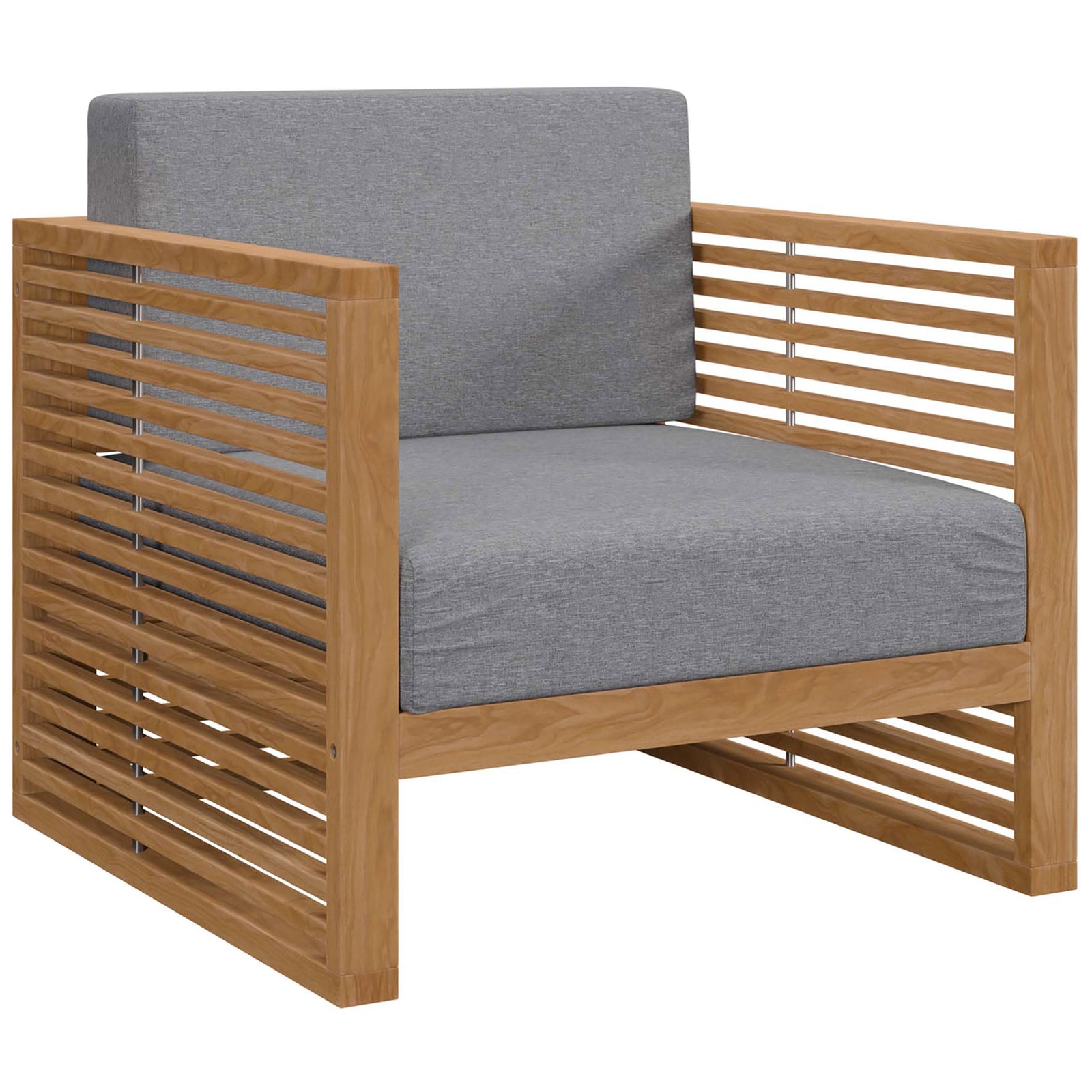 Contemporary teak patio armchair featuring gray box cushions and open slatted sides. || EEI-5606-NAT-GRY || front_angle_studio