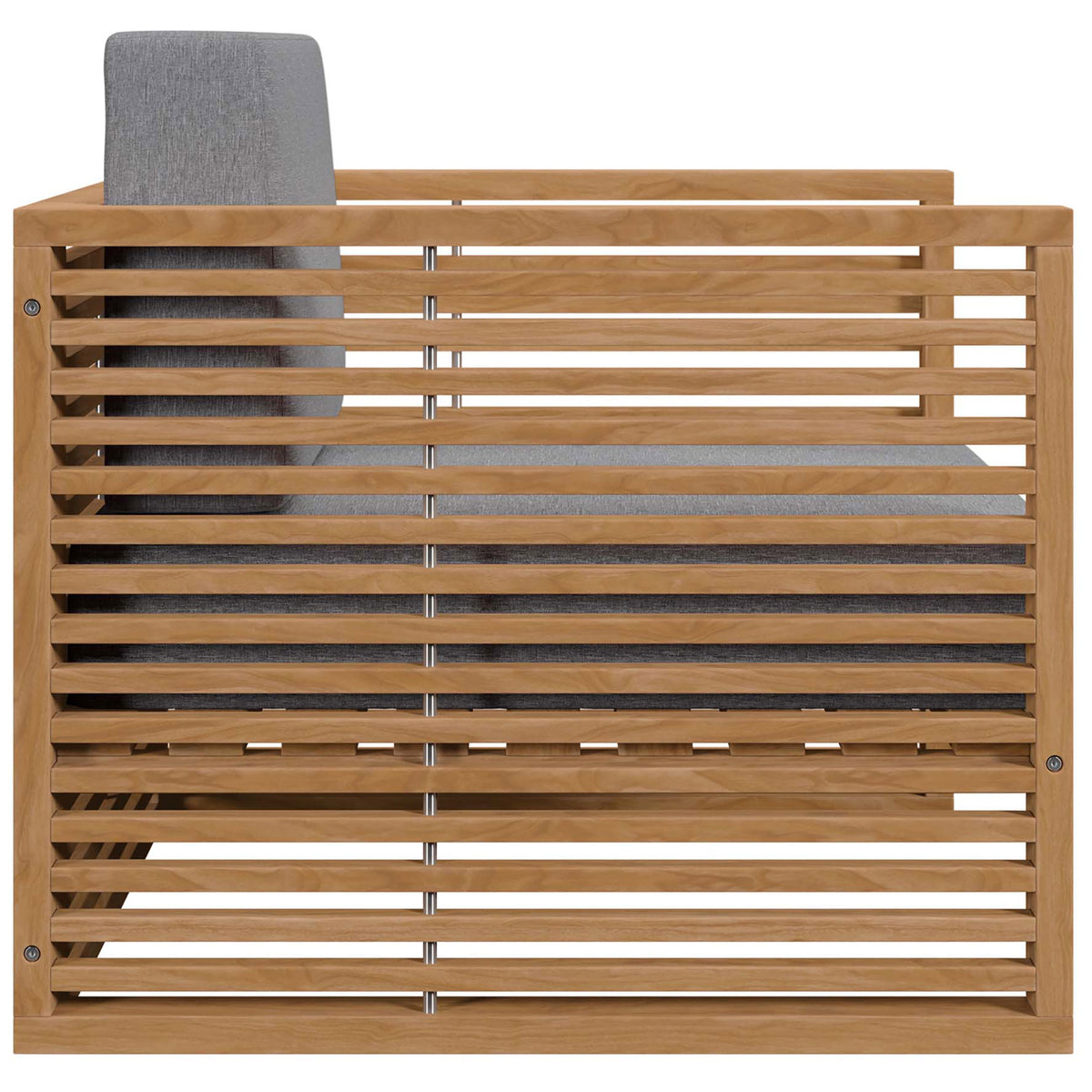 Carlsbad teak armchair highlights the continuous gray cushion and modern slatted side panels. || EEI-5606-NAT-GRY || side_studio