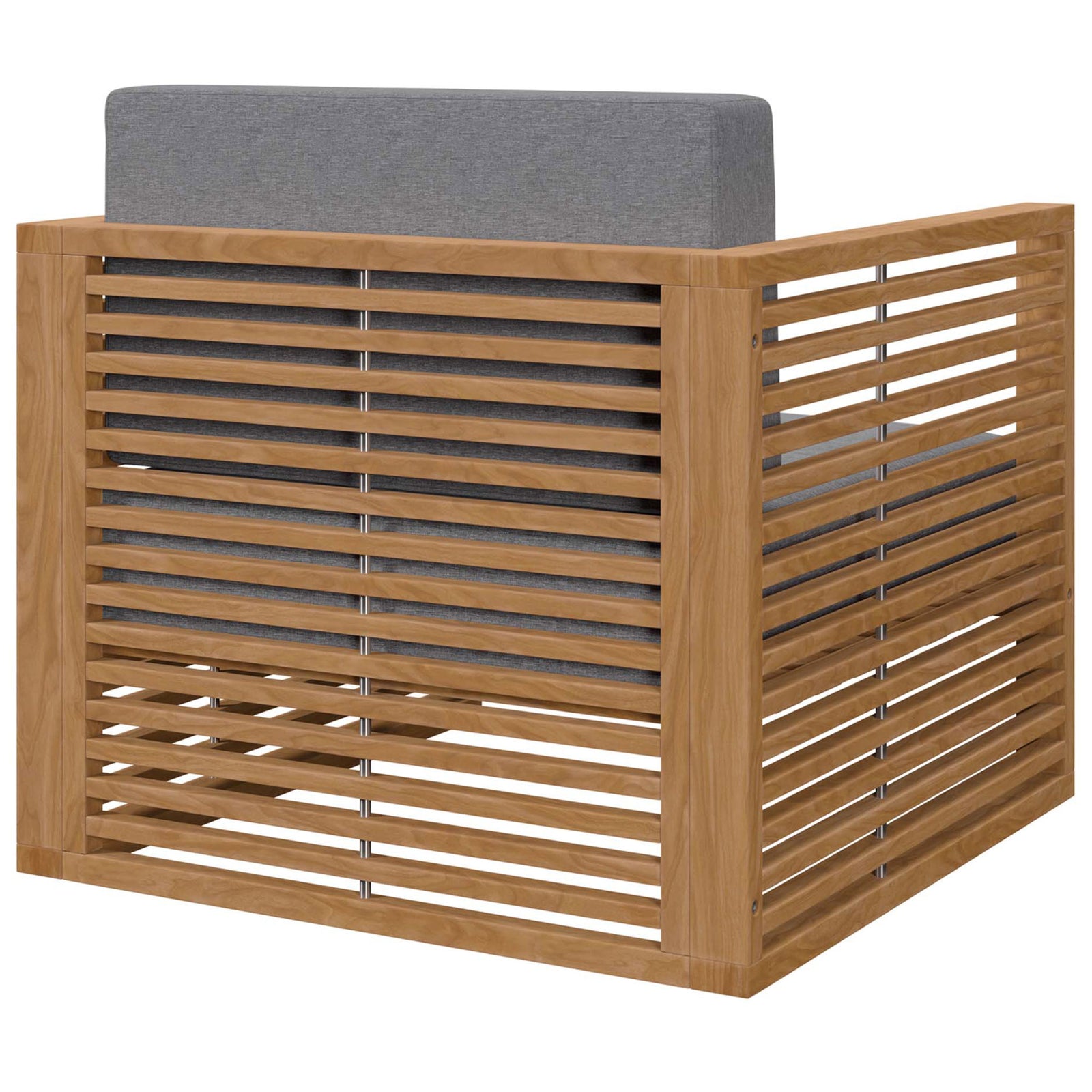 Carlsbad patio armchair with wraparound teak slat design and gray cushions for airy modern style. || EEI-5606-NAT-GRY || back_angle_studio