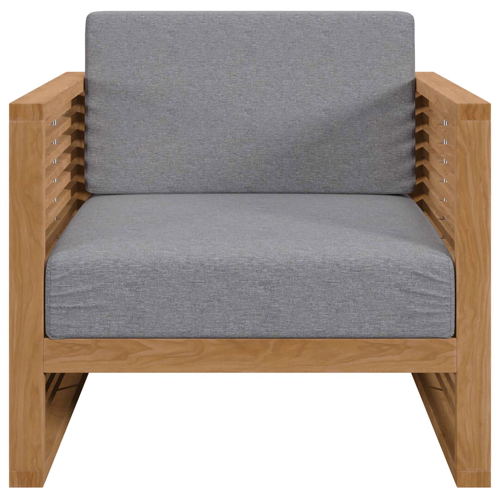 Carlsbad teak outdoor armchair with wide gray cushions and clean horizontal slat arms. || EEI-5606-NAT-GRY || front_studio