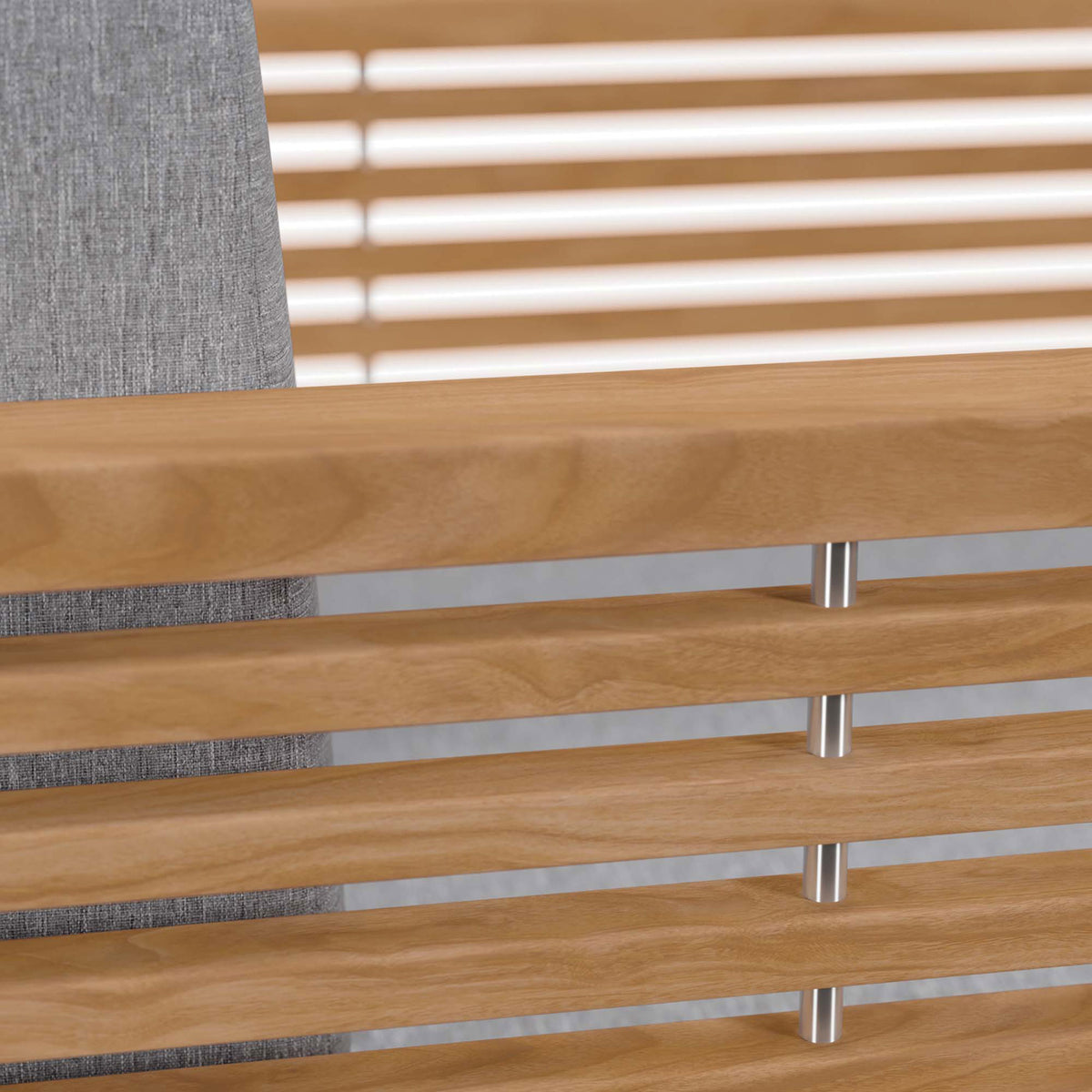 Grade A teak slats and gray Sunproof cushion fabric on the Carlsbad outdoor armchair. || EEI-5606-NAT-GRY || detail_studio