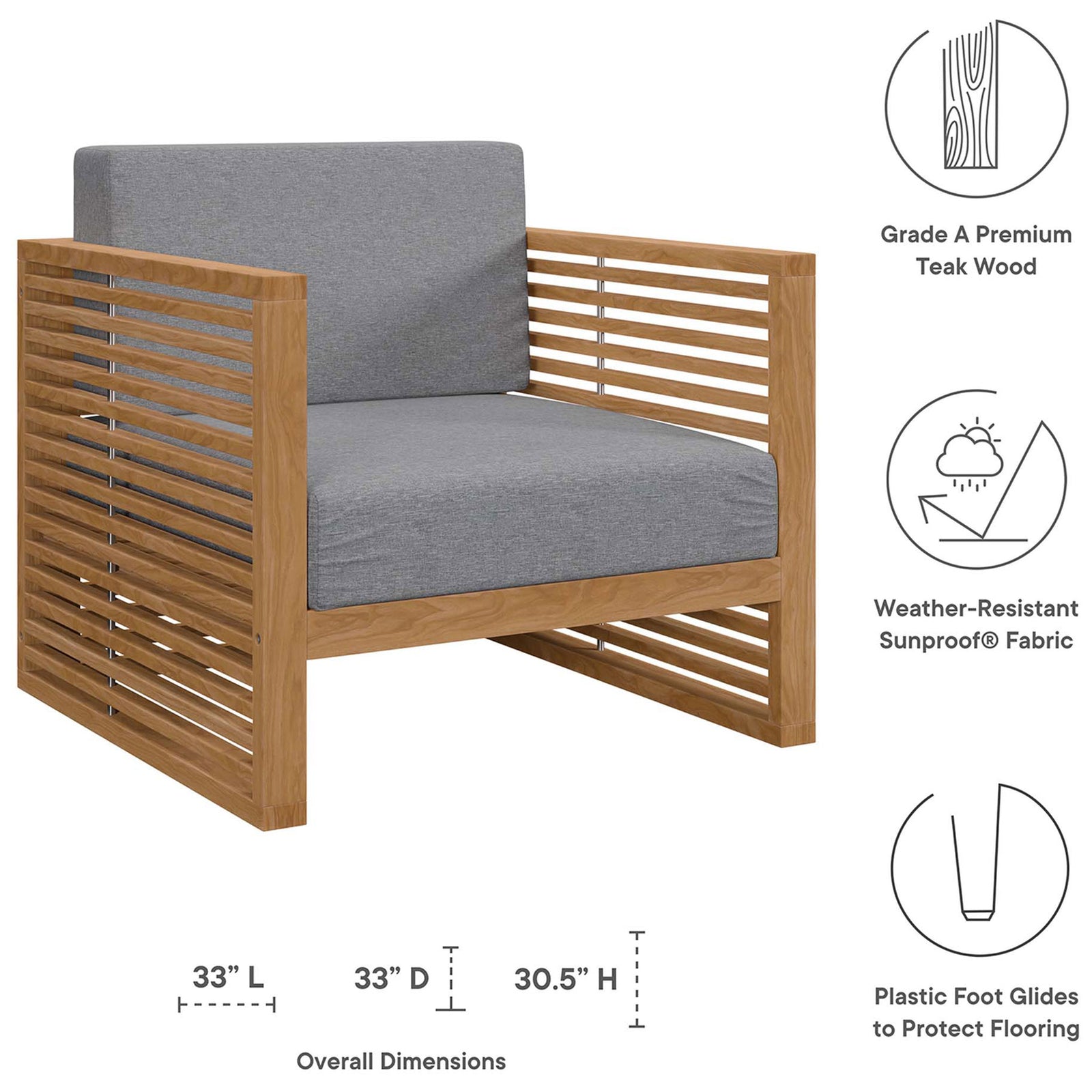 Carlsbad teak outdoor armchair with dimensions and icons for Sunproof cushions and foot glides. || EEI-5606-NAT-GRY || dimension_studio