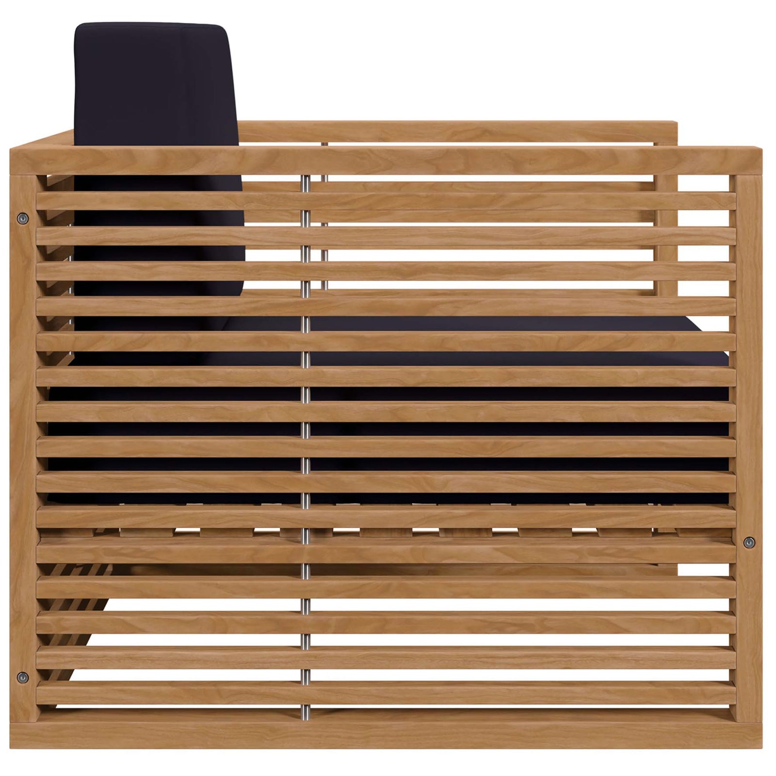 Carlsbad teak armchair emphasizes the rich navy cushion and streamlined slatted side panels. || EEI-5606-NAT-NAV || side_studio