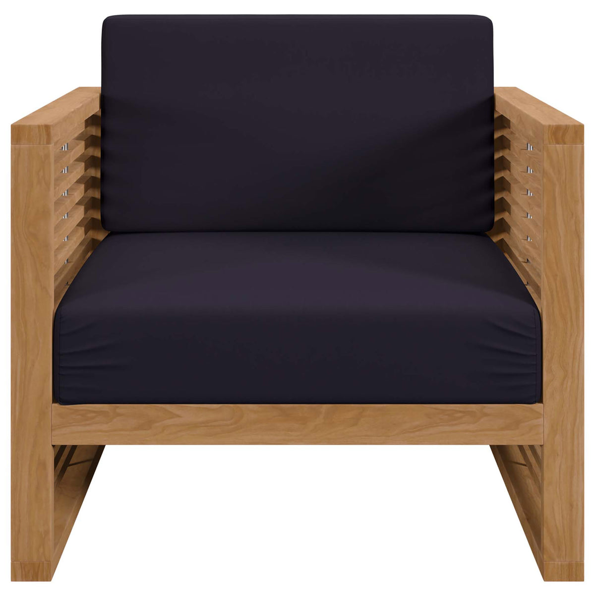 Carlsbad teak outdoor armchair with deep navy cushions and crisp horizontal slat arms. || EEI-5606-NAT-NAV || front_studio