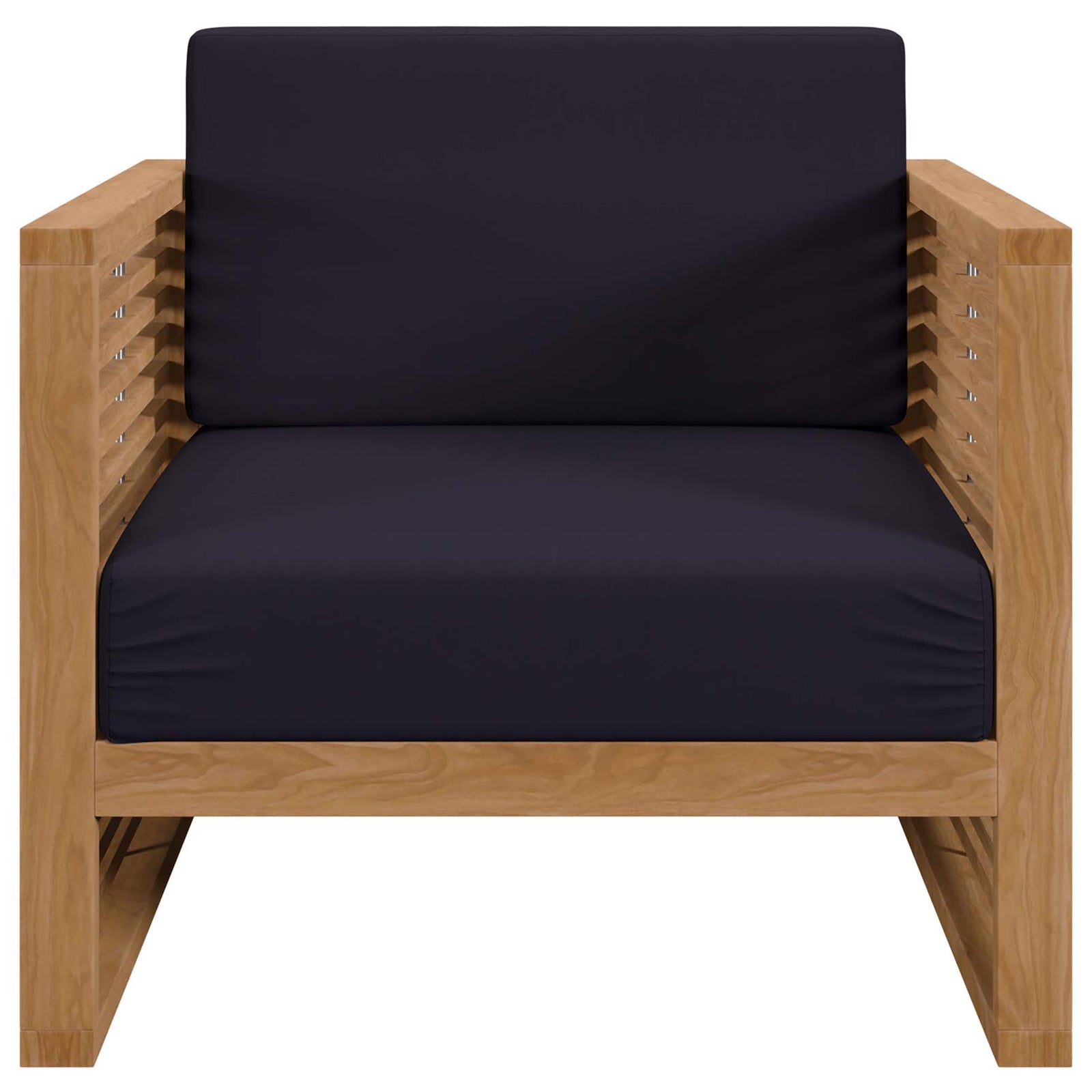 Carlsbad teak outdoor armchair with deep navy cushions and crisp horizontal slat arms. || EEI-5606-NAT-NAV || front_studio
