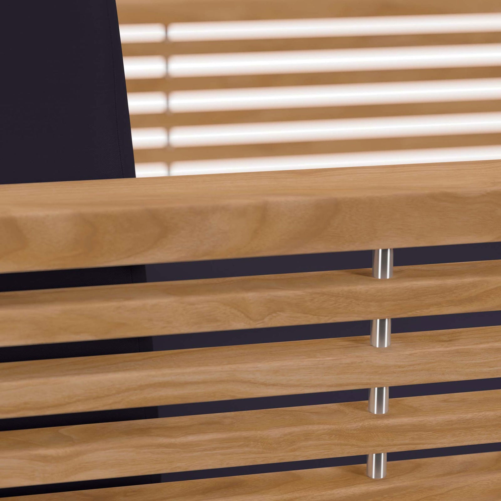 Grade A teak slats and navy Sunproof cushion fabric detail on the Carlsbad outdoor armchair. || EEI-5606-NAT-NAV || detail_studio