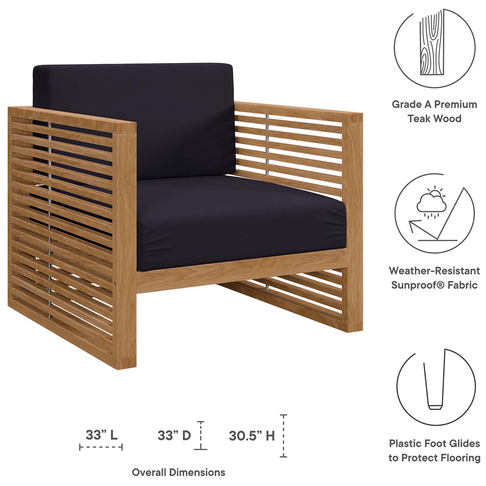 Carlsbad teak outdoor armchair shown with measurements and feature callouts for cushions and foot glides. || EEI-5606-NAT-NAV || dimension_studio