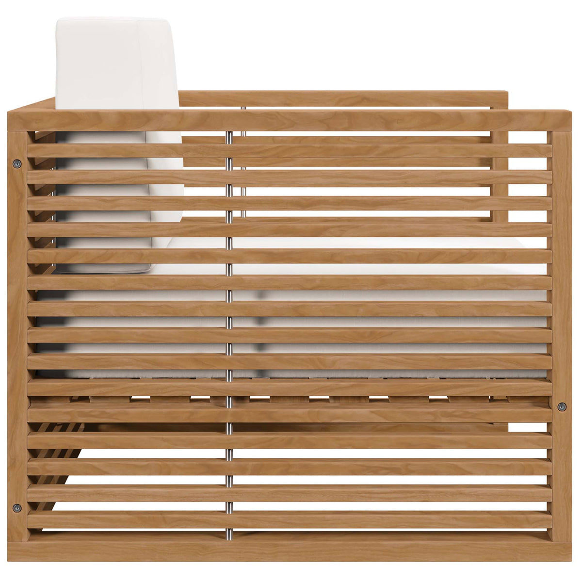 Carlsbad teak armchair showcases the smooth white cushion and streamlined slatted side panels. || EEI-5606-NAT-WHI || side_studio