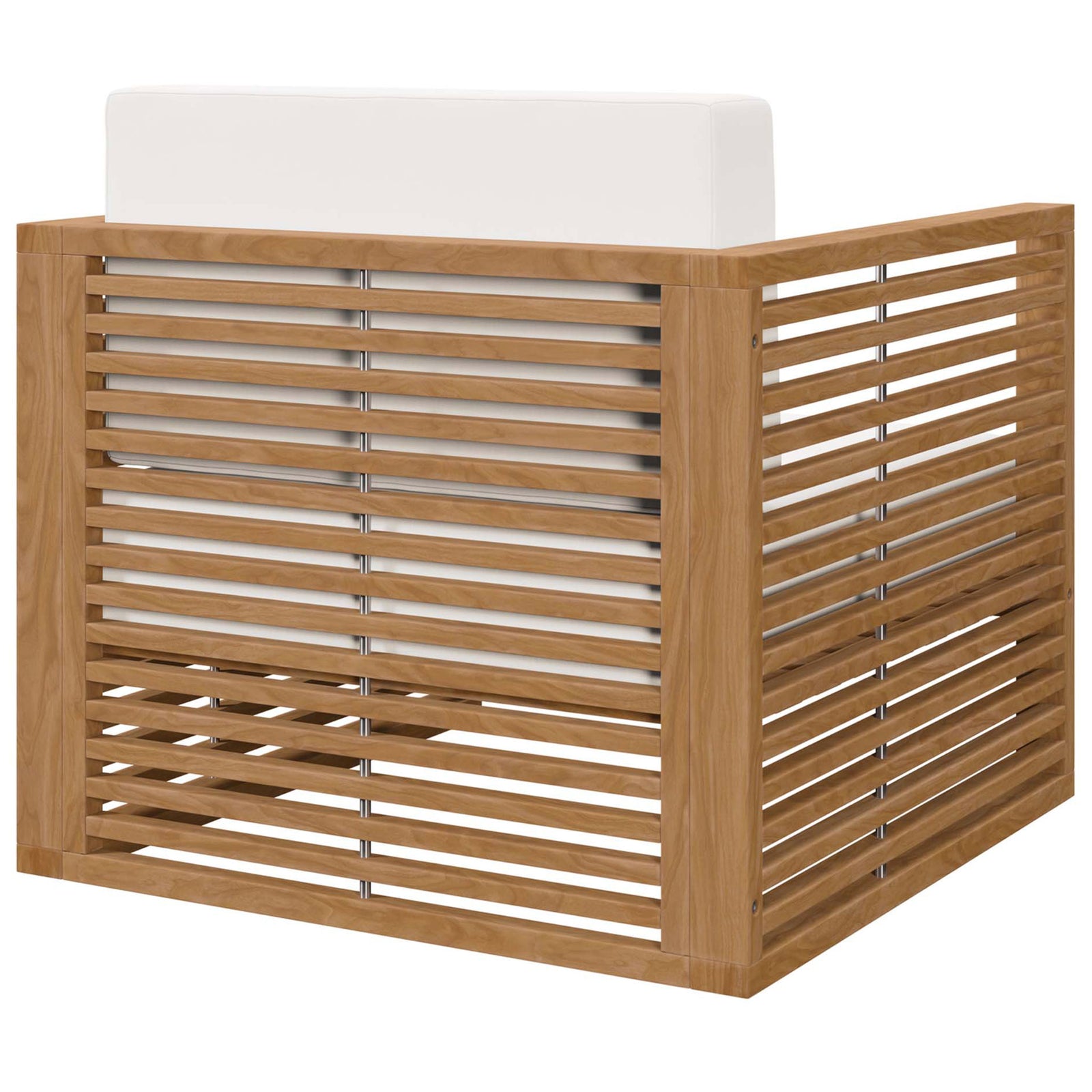 Carlsbad patio armchair with wraparound teak slat frame and bright white cushions. || EEI-5606-NAT-WHI || back_angle_studio