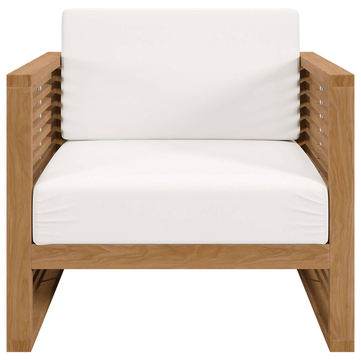 Carlsbad teak outdoor armchair with crisp white cushions and clean horizontal slat arms. || EEI-5606-NAT-WHI || front_studio