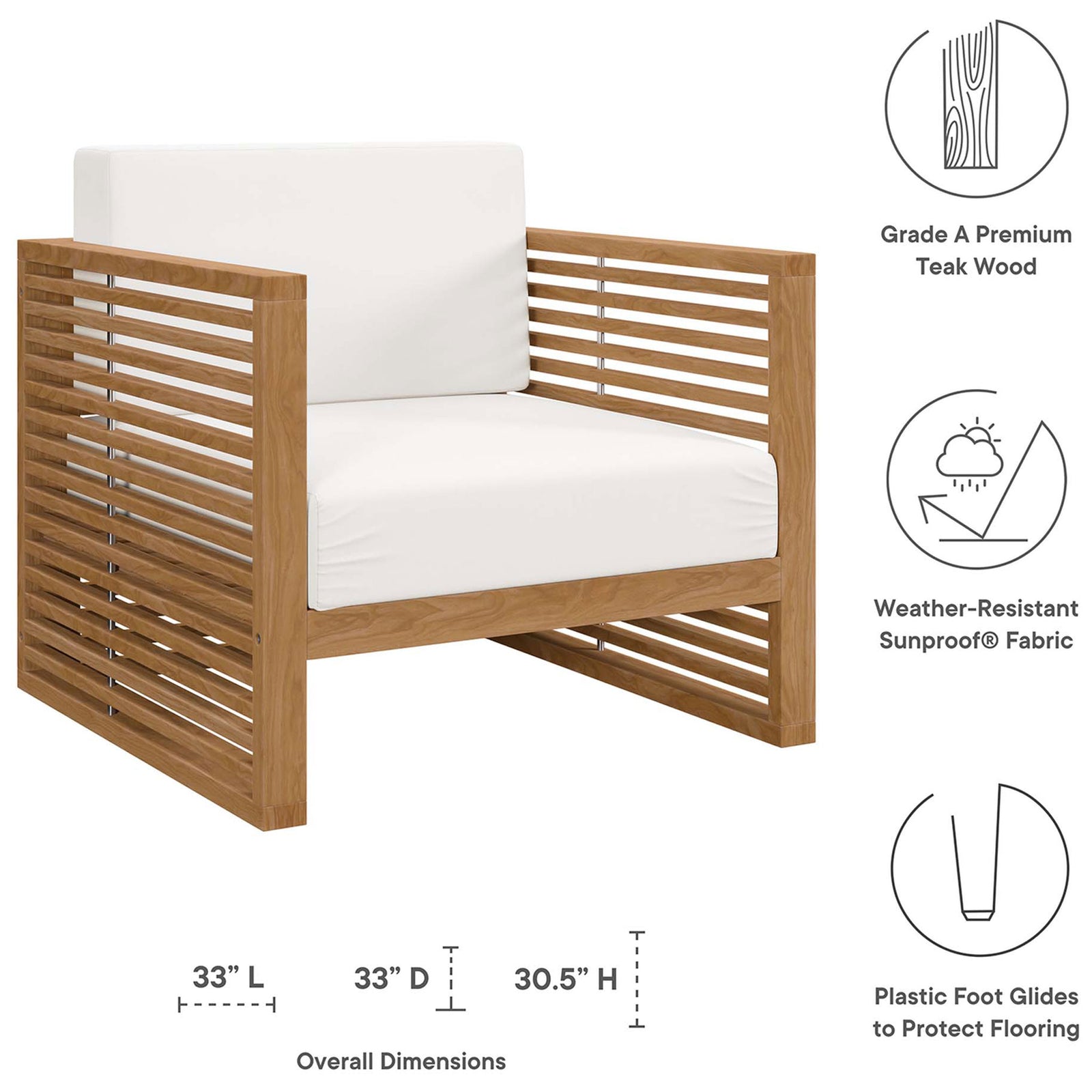 Carlsbad teak outdoor armchair presented with dimensions and icons for cushions and foot glides. || EEI-5606-NAT-WHI || dimension_studio