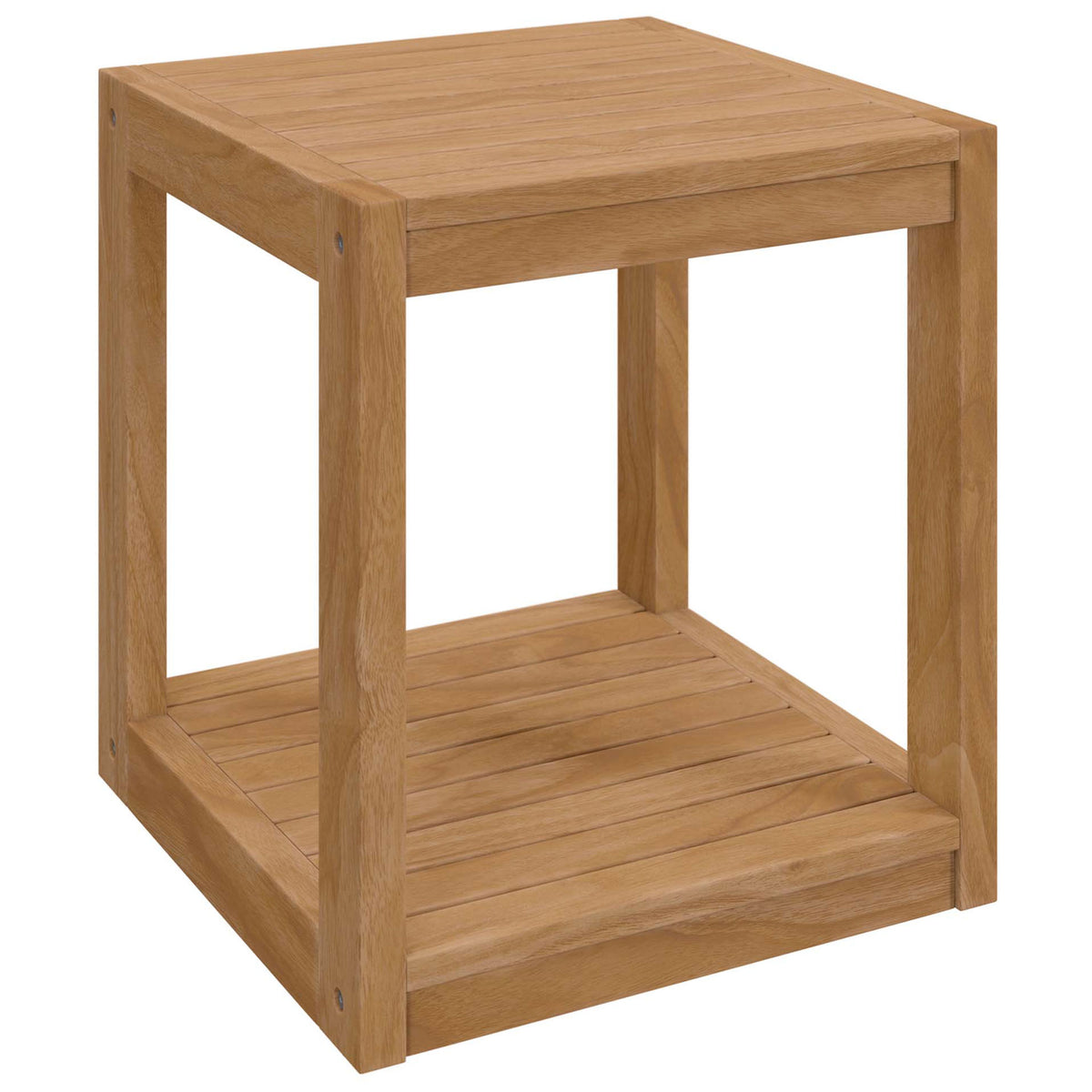 Square teak outdoor side table with slatted shelf and clean, open cube frame || EEI-5607-NAT || front_angle_studio