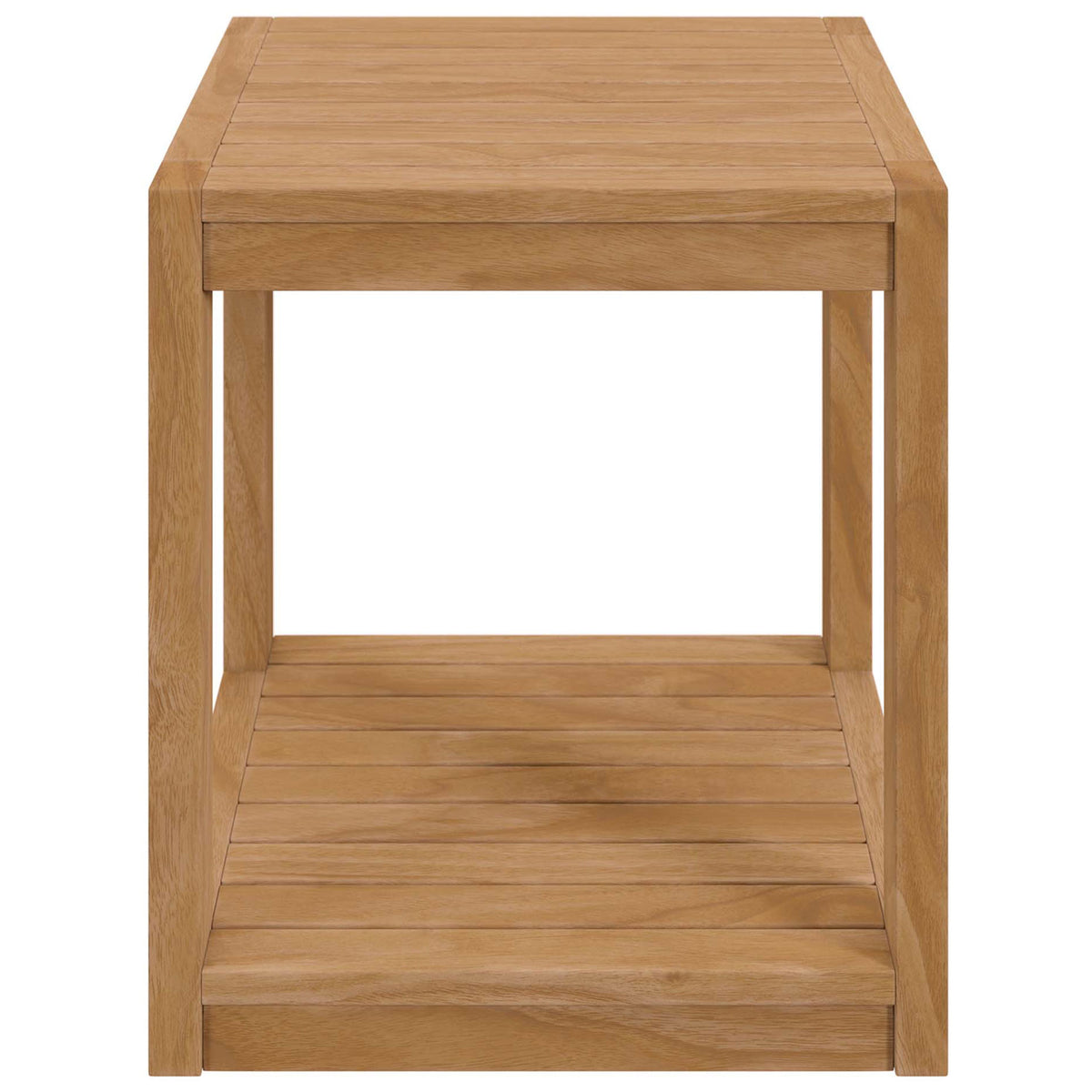 Compact teak patio side table with bold square profile and flush slatted top || EEI-5607-NAT || front_studio