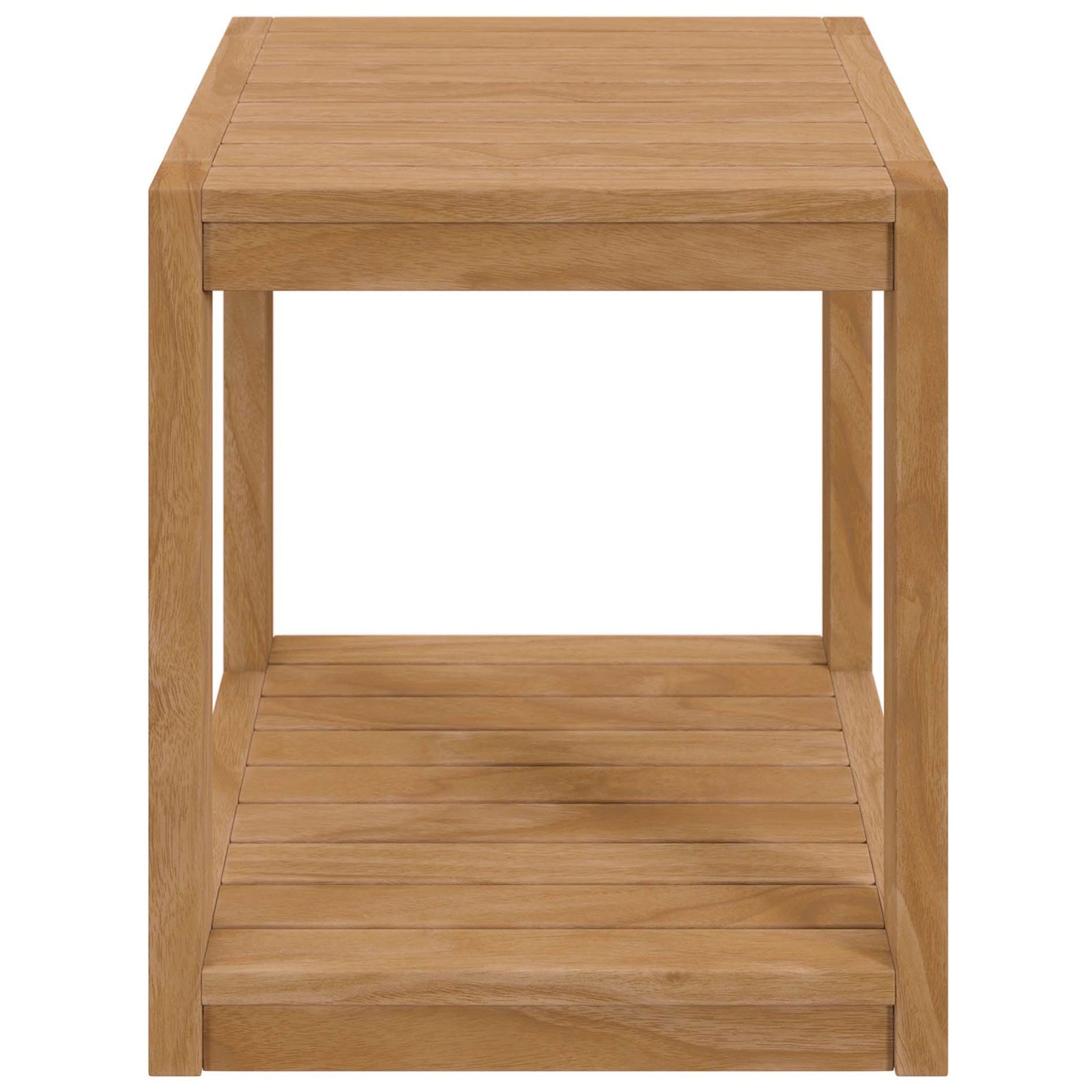 Compact teak patio side table with bold square profile and flush slatted top || EEI-5607-NAT || front_studio