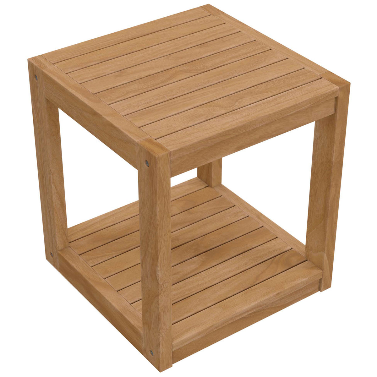 Teak side table showing smooth slatted top and sturdy square legs for modern outdoor spaces || EEI-5607-NAT || front_angle_studio