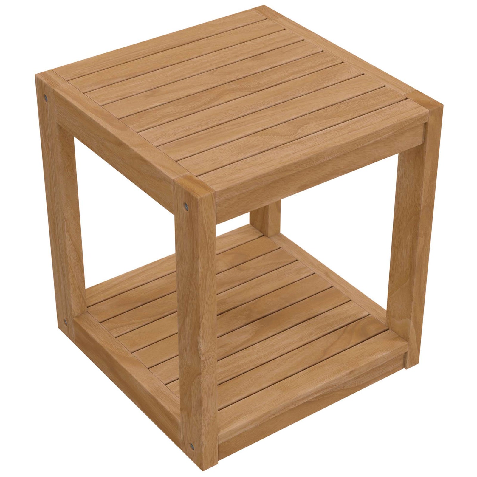 Teak side table showing smooth slatted top and sturdy square legs for modern outdoor spaces || EEI-5607-NAT || front_angle_studio