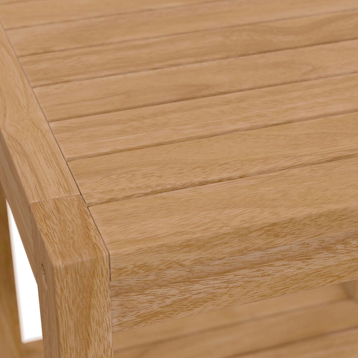Corner of teak side table showcasing precise joinery and continuous slatted surface || EEI-5607-NAT || swatch_studio