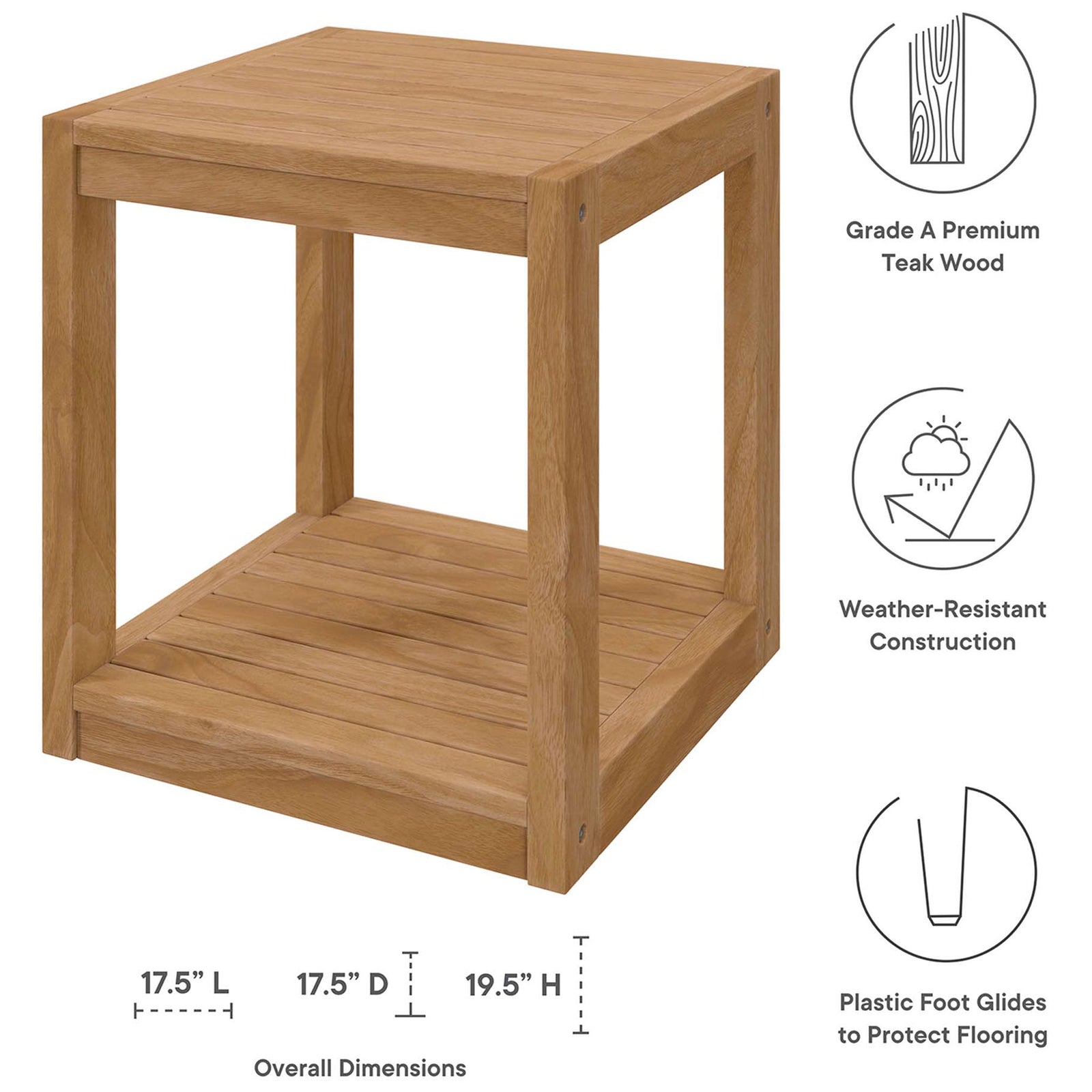 Teak outdoor side table with icons calling out premium wood, weather resistance, and floor-safe glides || EEI-5607-NAT || dimension_studio