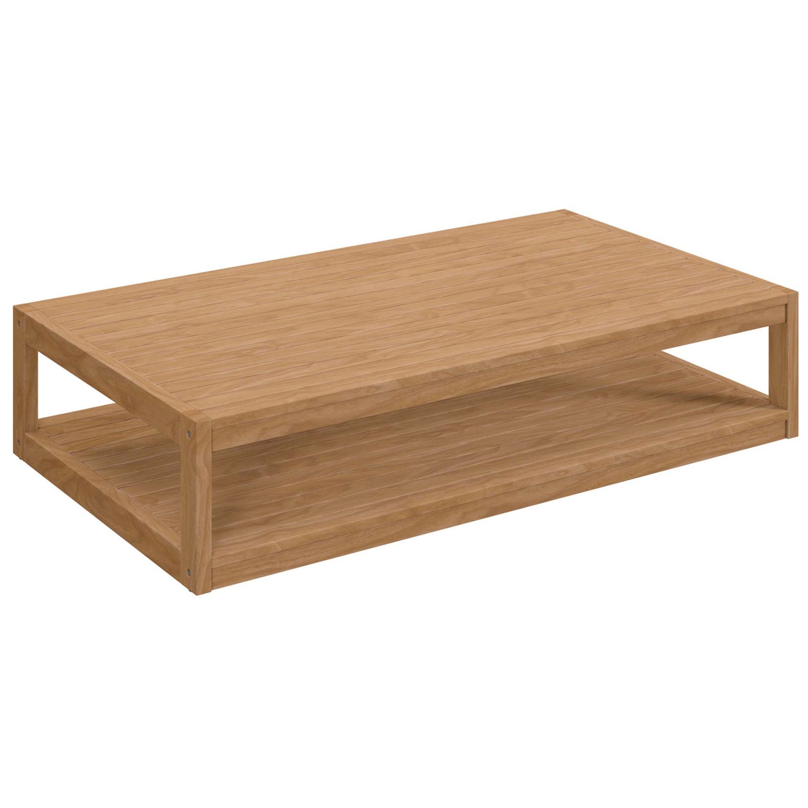 Spacious grade A teak outdoor coffee table with slatted top and open storage shelf || EEI-5608-NAT || front_angle_studio