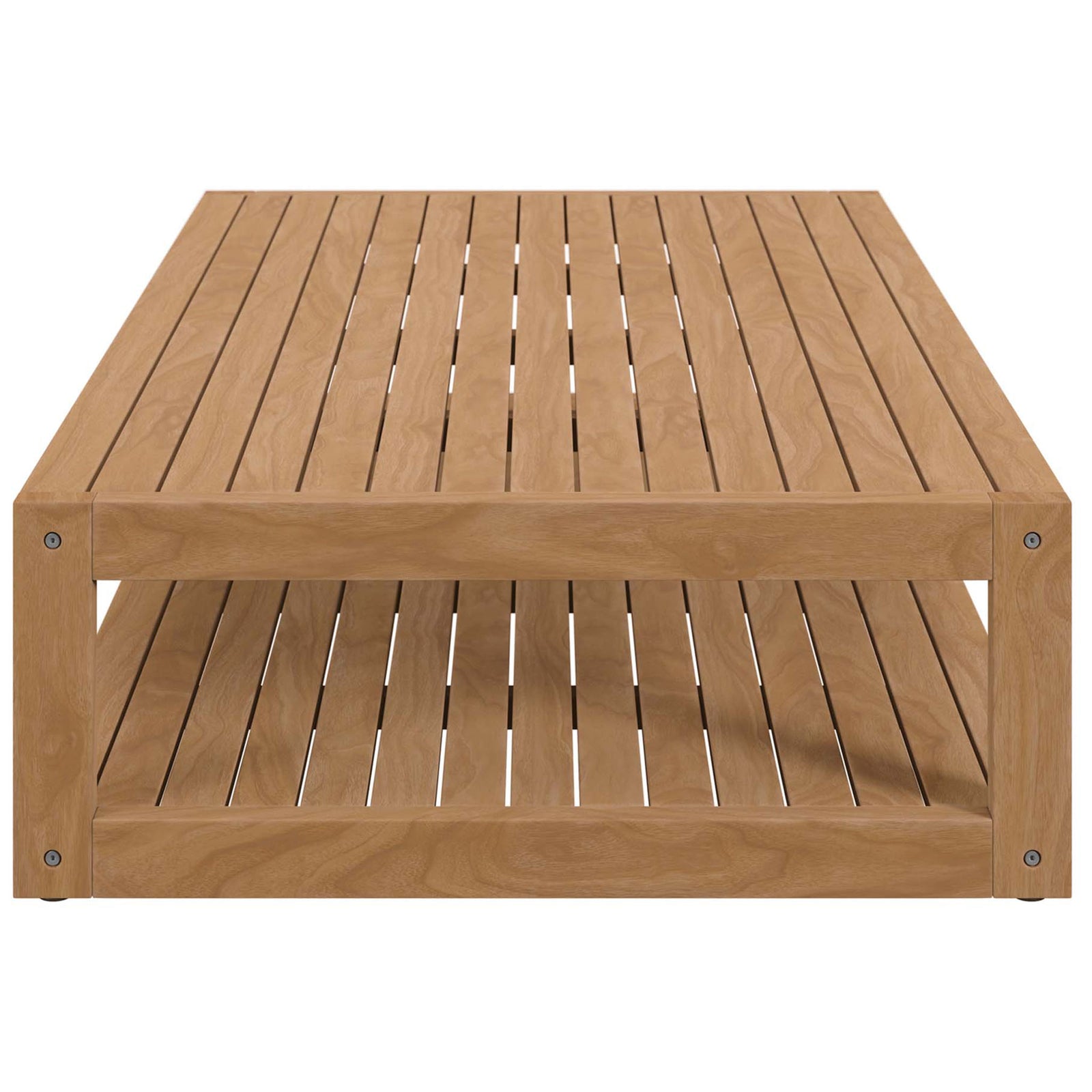 Low profile teak patio coffee table with clean lines and sturdy open frame design || EEI-5608-NAT || side_studio