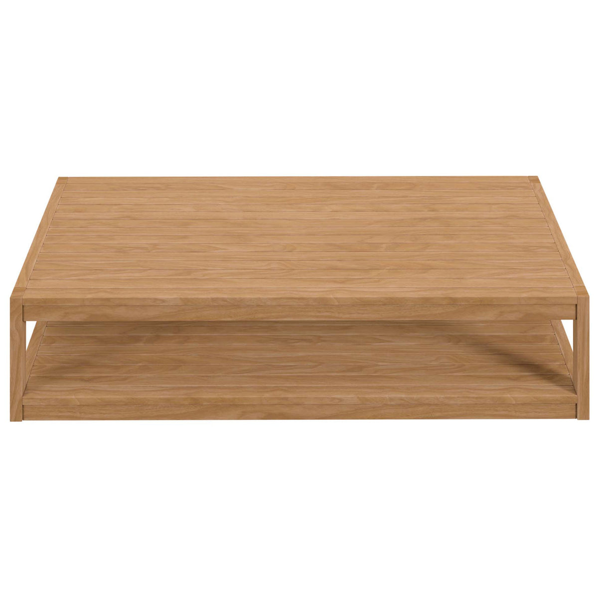 Wide rectangular teak outdoor coffee table with full slatted surface and lower shelf || EEI-5608-NAT || front_studio