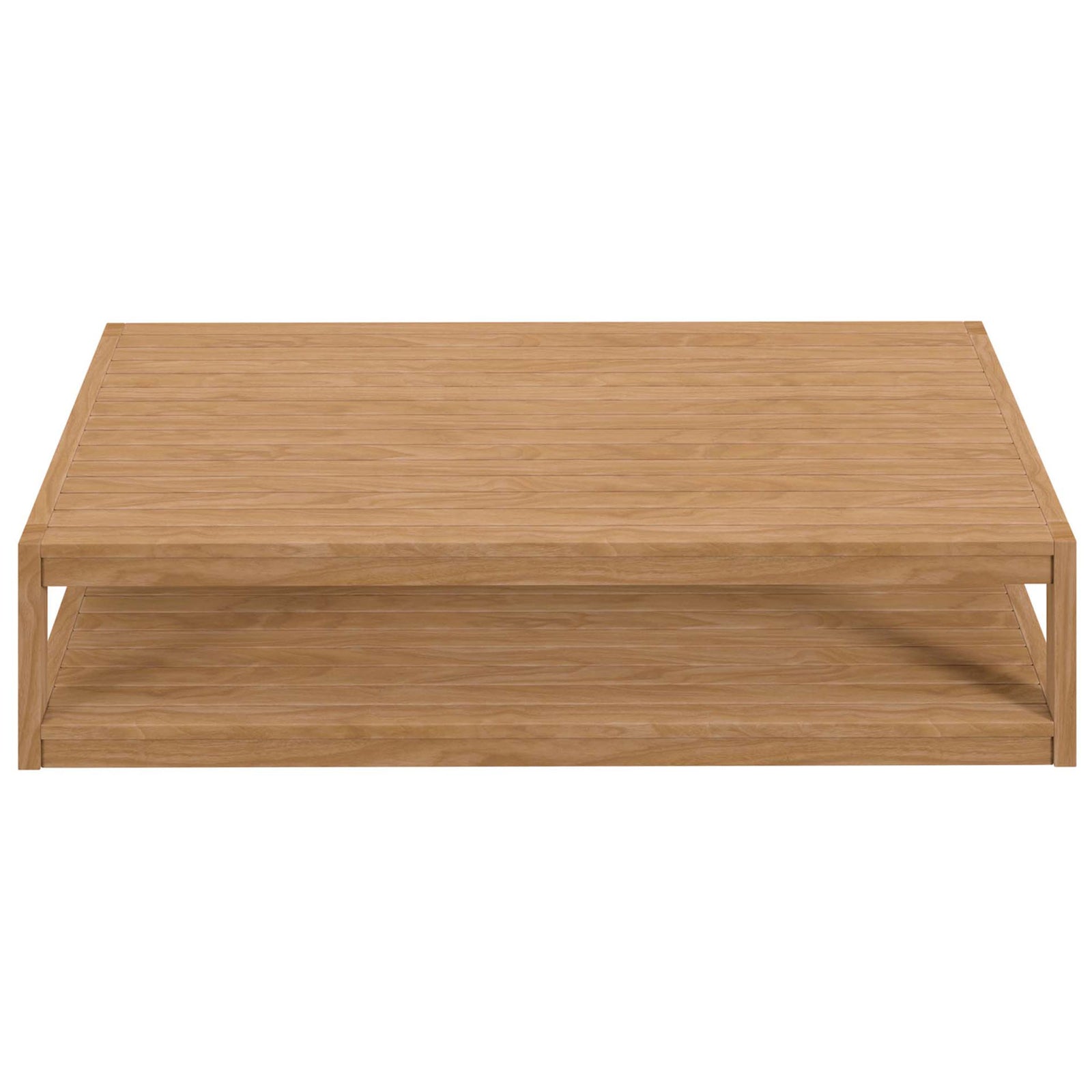 Wide rectangular teak outdoor coffee table with full slatted surface and lower shelf || EEI-5608-NAT || front_studio