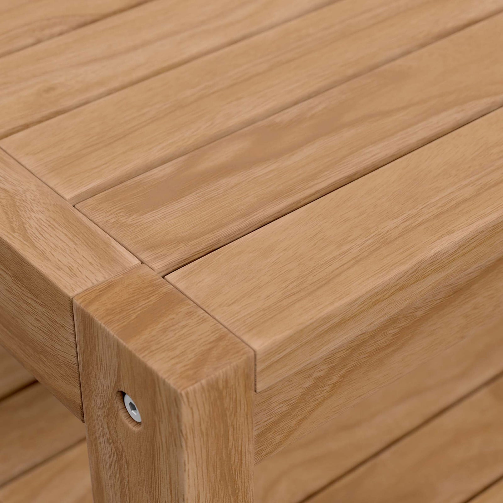 Close up of smooth teak wood grain and precise slatted corner detailing on Carlsbad coffee table || EEI-5608-NAT || detail_studio