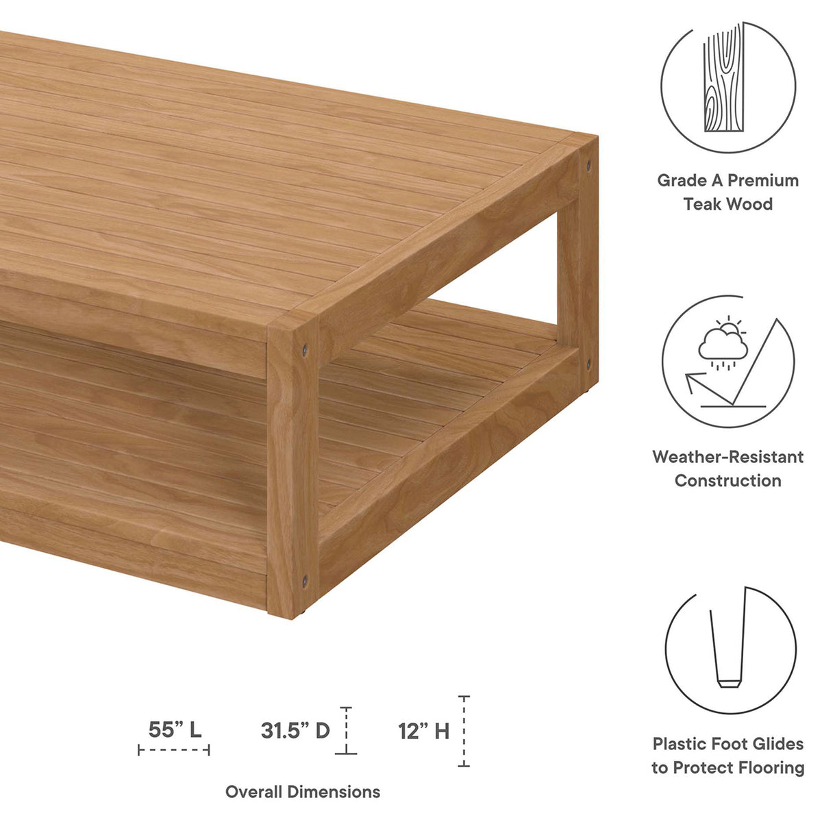 Teak outdoor coffee table with grade A construction, weather resistant design, and protective foot glides || EEI-5608-NAT || dimension_studio