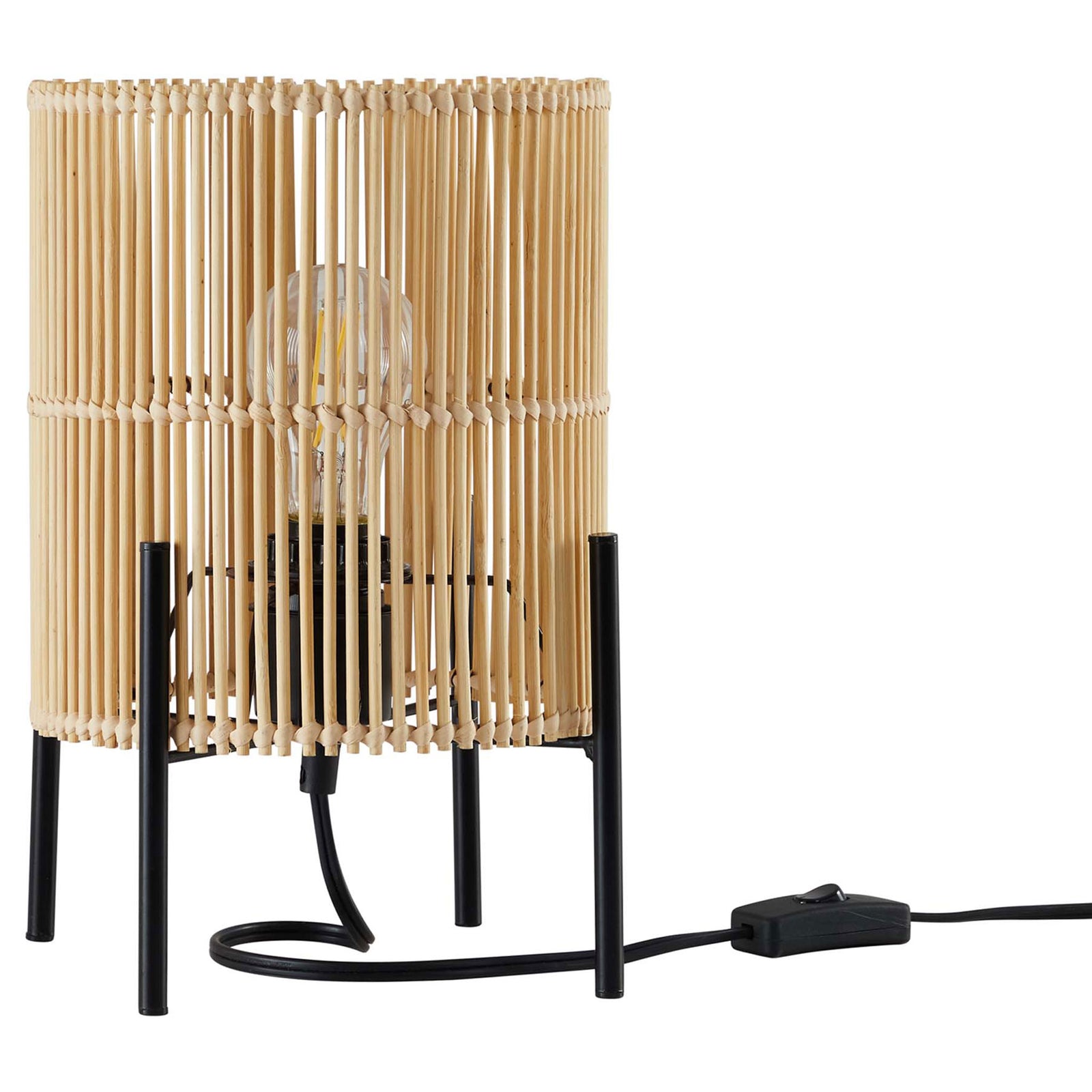 Bamboo table lamp with cylindrical open weave shade on slim black metal legs and inline switch || EEI-5610-NAT || front_studio
