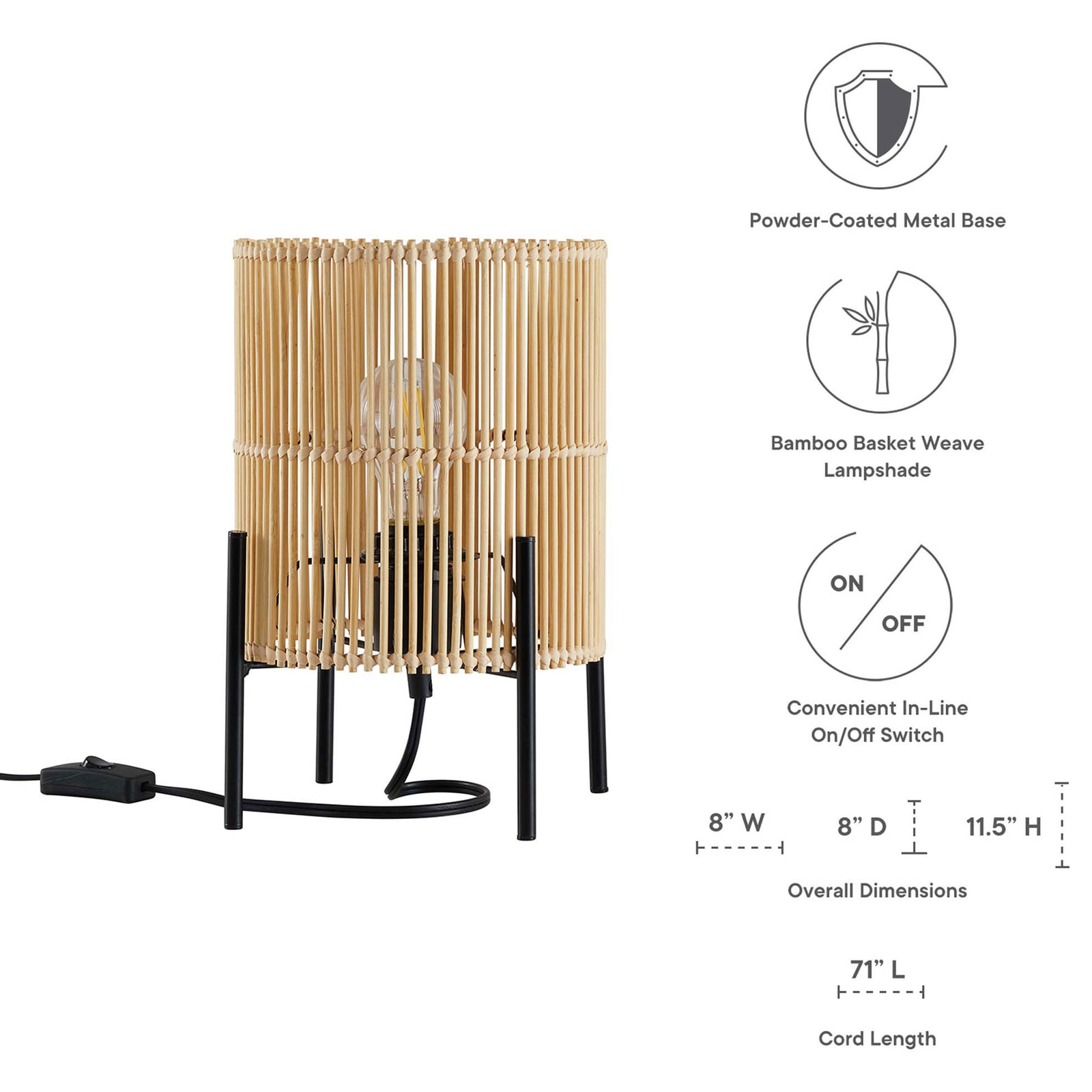 Casen bamboo table lamp dimensions and cord length for compact bedside or accent lighting || EEI-5610-NAT || dimension_studio