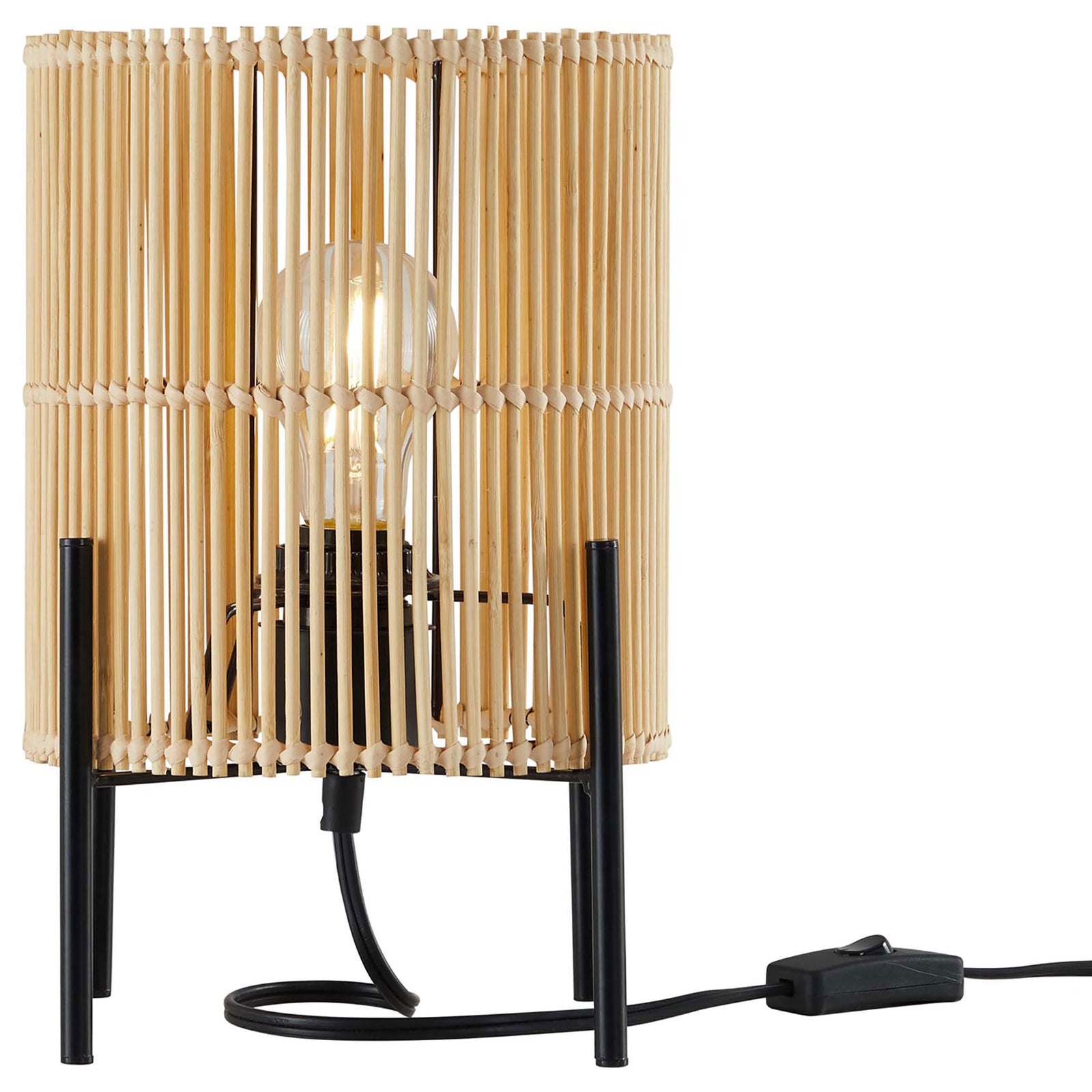 Bamboo table lamp with cylindrical open weave shade on slim black metal legs and inline switch || EEI-5610-NAT || front_studio