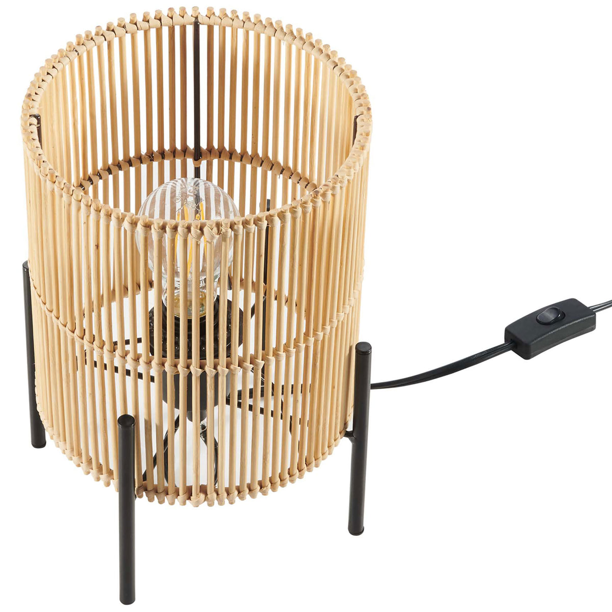Open bamboo shade showcases the exposed bulb above a four leg black metal base for contemporary style || EEI-5610-NAT || top_angle_studio