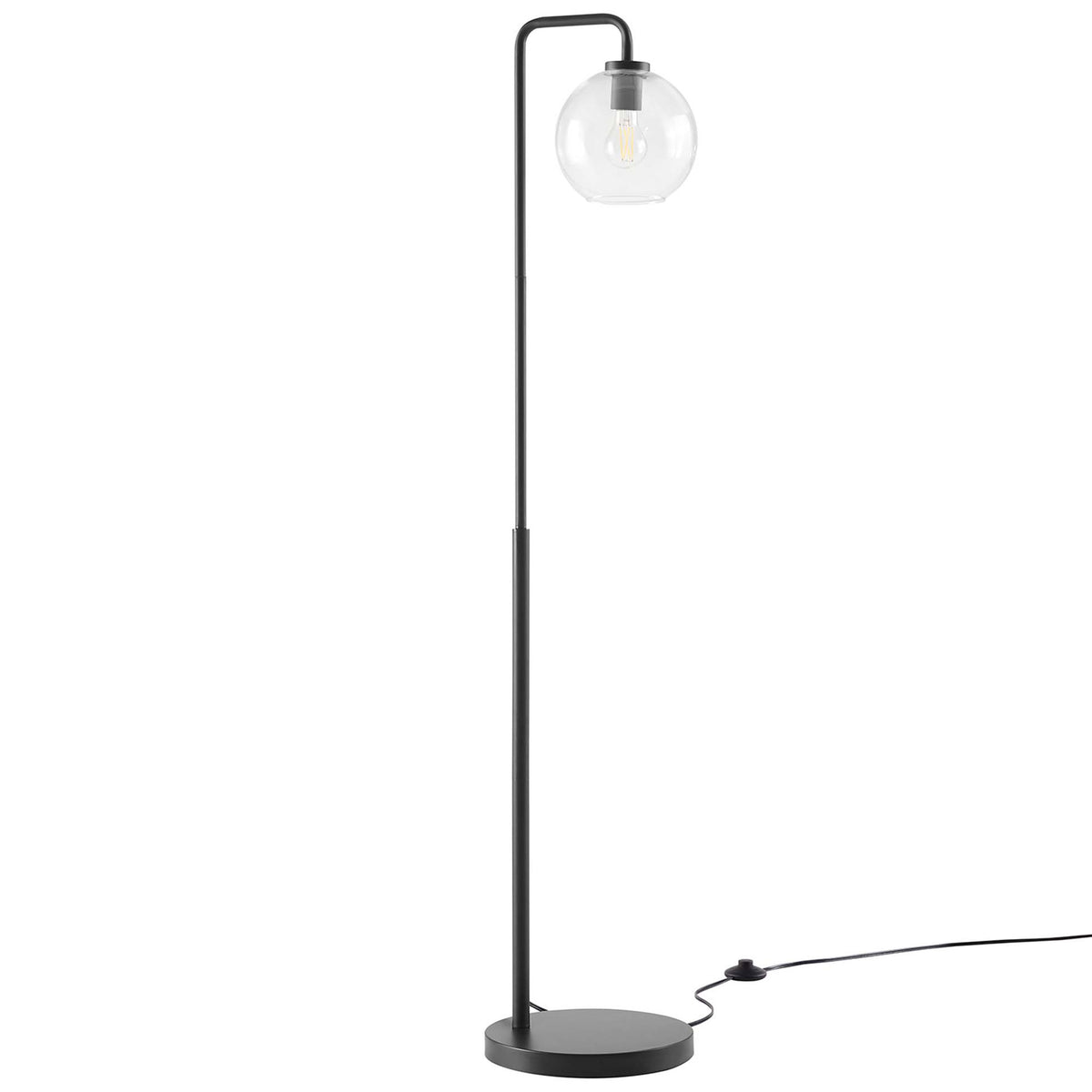 Silo floor lamp with offset clear glass globe shade and round black base for contemporary decor || EEI-5616-BLK || front_angle_studio