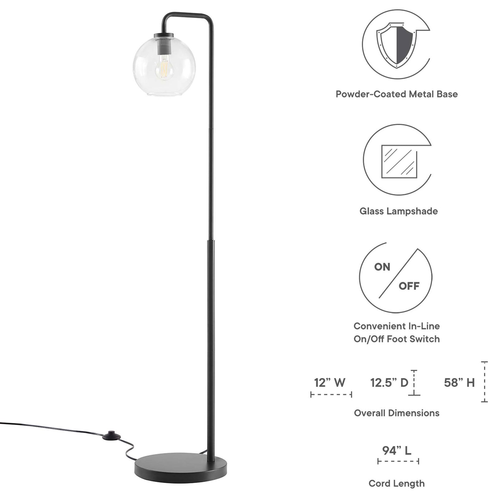 Silo floor lamp with feature icons, overall dimensions, and cord length for easy planning || EEI-5616-BLK || dimension_studio