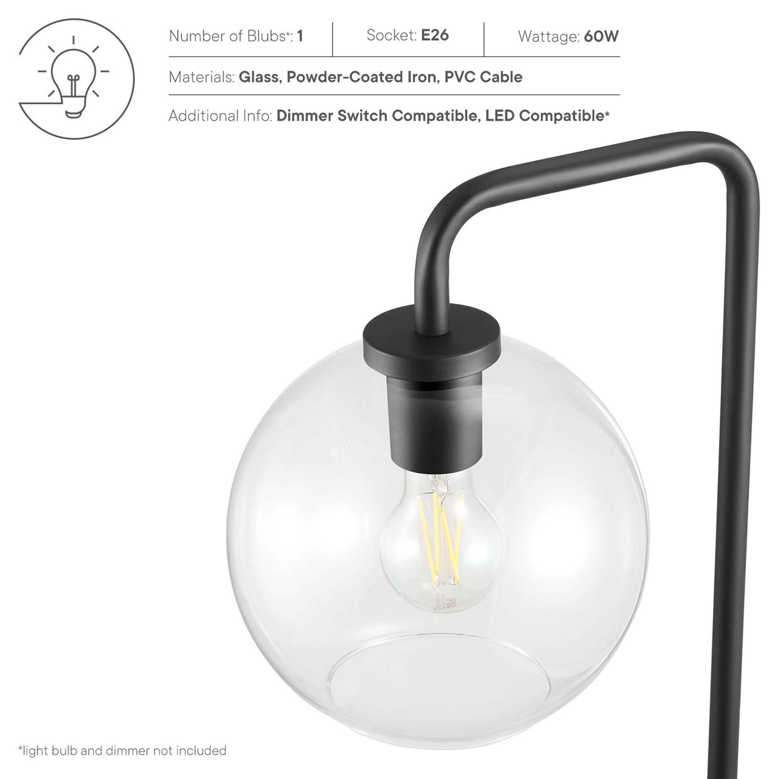 Silo floor lamp detail highlighting glass globe, bulb type, wattage, and material information || EEI-5616-BLK || callout_studio