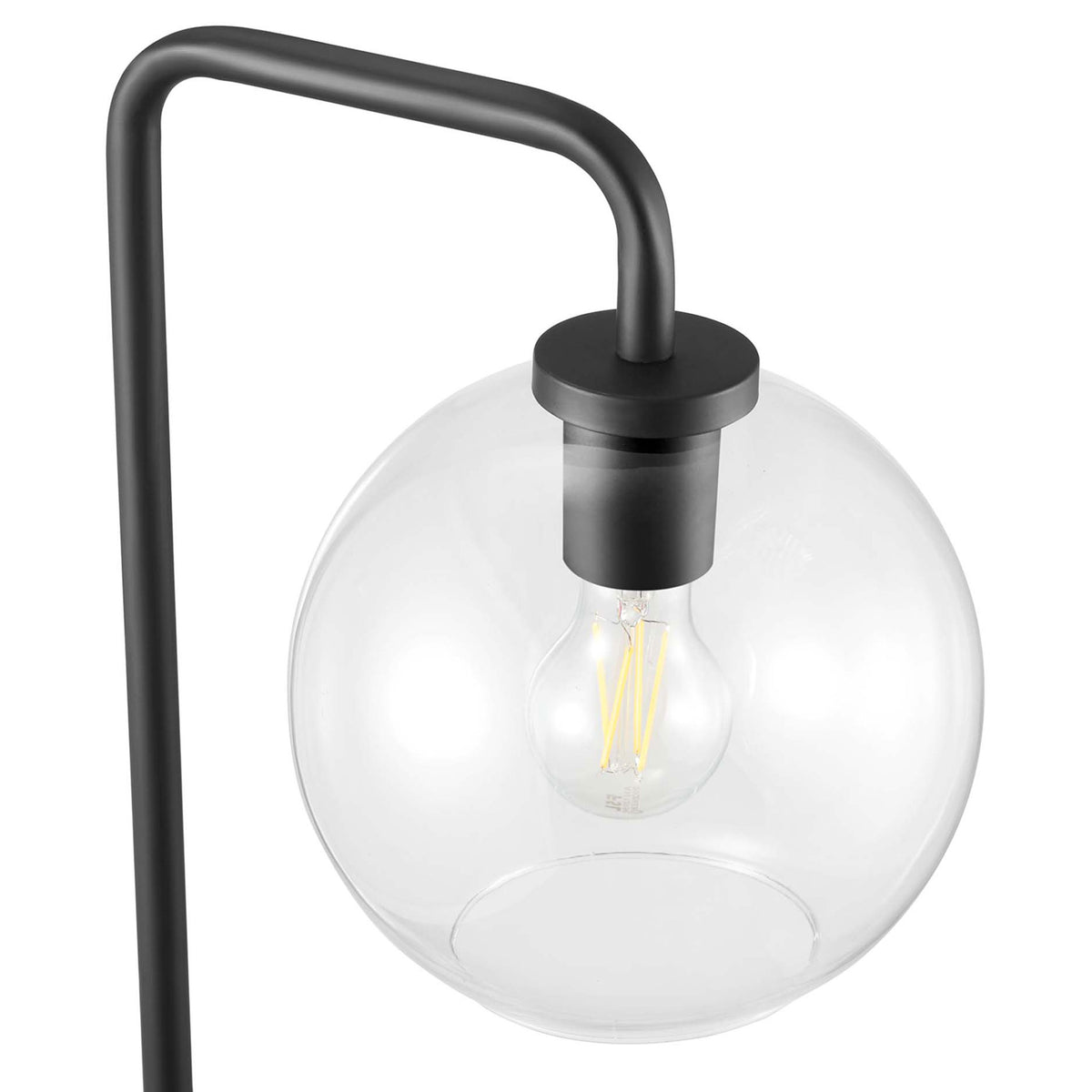 Close-up of Silo floor lamp clear glass globe shade showcasing exposed bulb and black metal hardware || EEI-5616-BLK || shade_studio