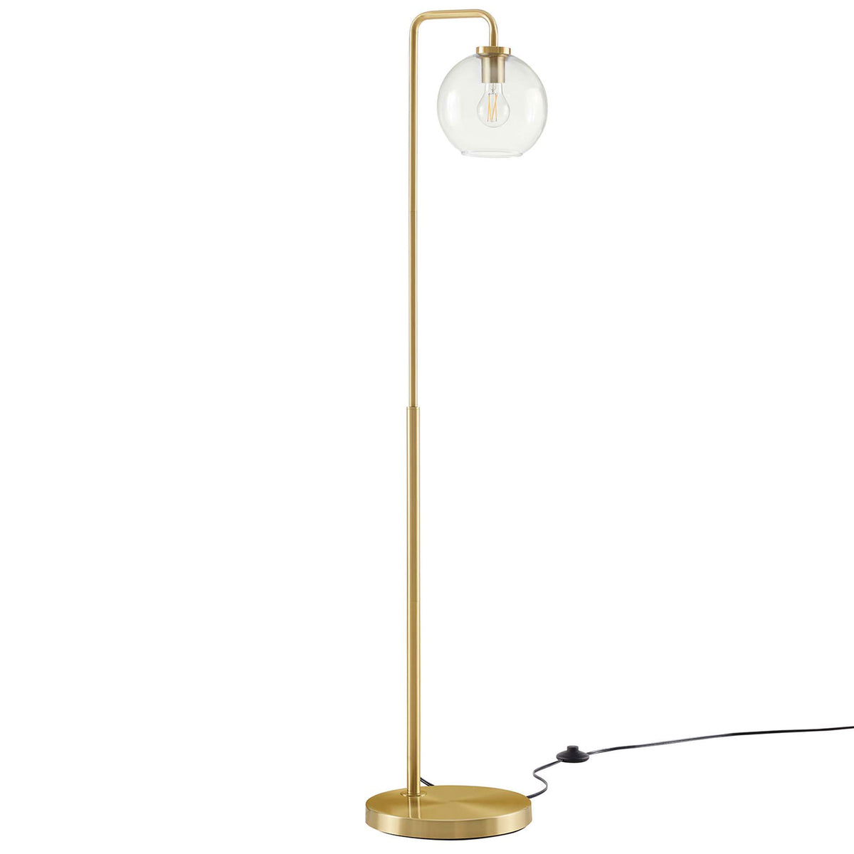 Satin brass floor lamp with clear glass globe shade, slim column, and round base || EEI-5616-SBR || front_angle_studio