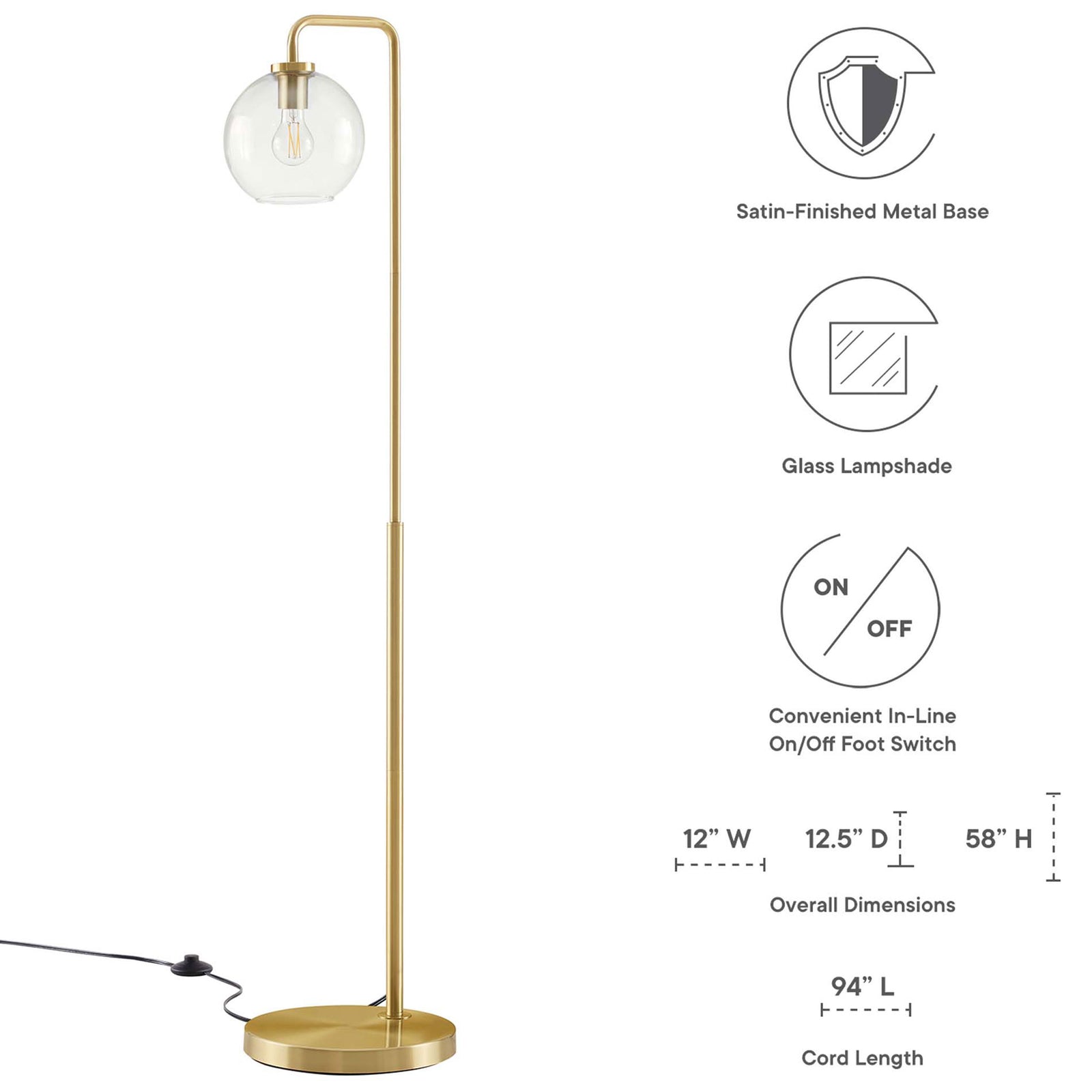 Floor lamp with satin brass base, globe glass shade, and icons summarizing dimensions and features || EEI-5616-SBR || dimension_studio