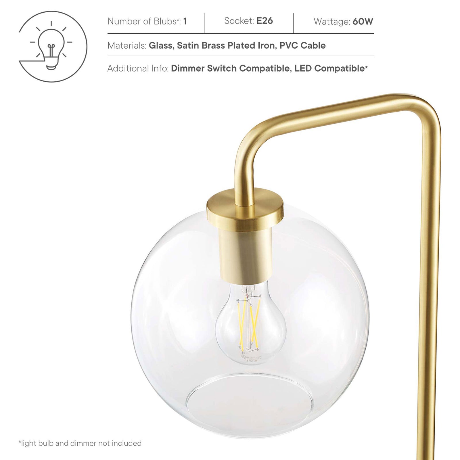 Overview of glass globe shade, satin brass finish, and E26 bulb compatibility for floor lamp || EEI-5616-SBR || callout_studio