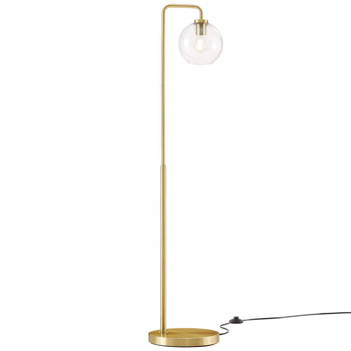 Modern satin brass floor lamp featuring tall offset pole and transparent globe shade || EEI-5616-SBR || front_angle_on_studio