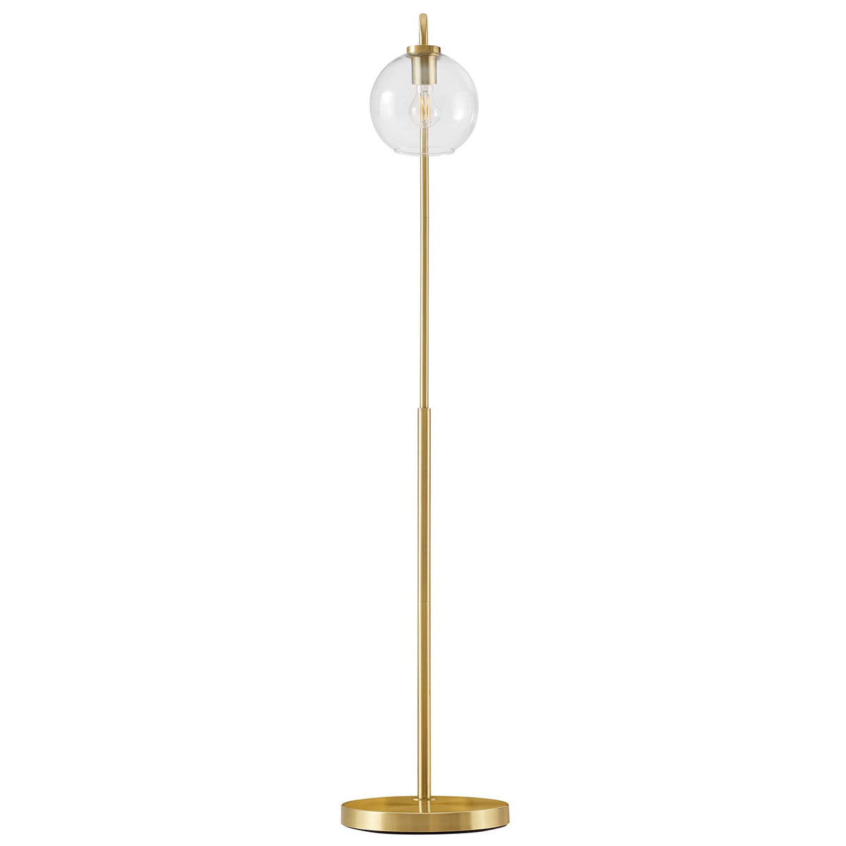 Satin brass floor lamp with glass globe shade and slim column displaying clean minimal profile || EEI-5616-SBR || front_studio